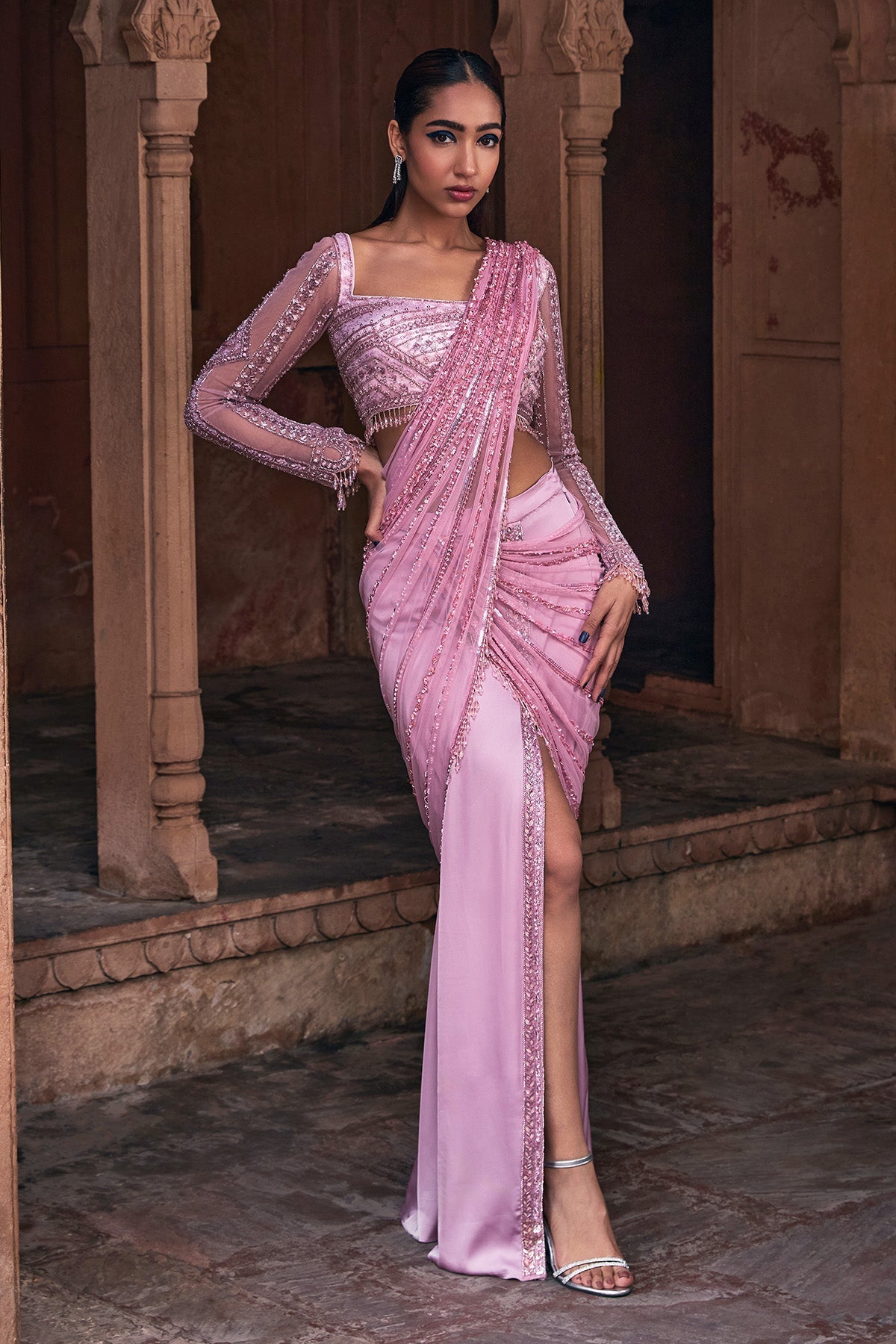 Onion Pink Embroidered Saree Set
