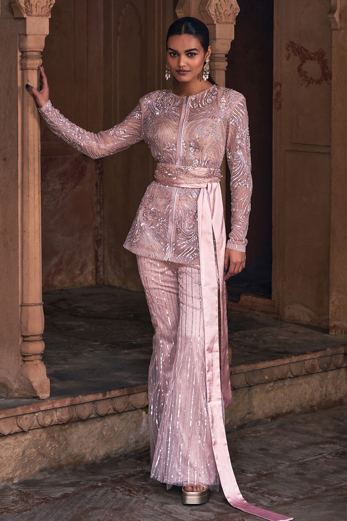 Blush Pink Embroidered Jacket Set