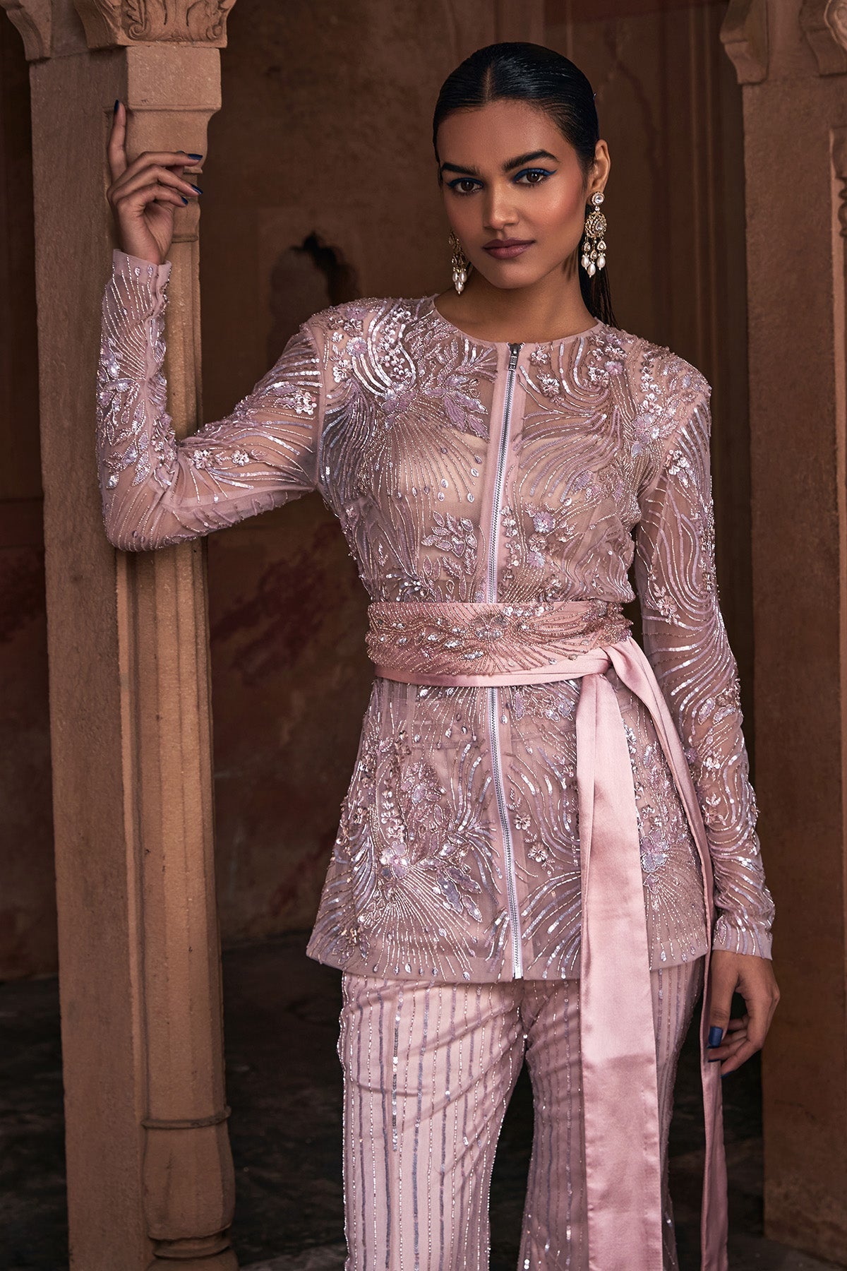 Blush Pink Embroidered Jacket Set