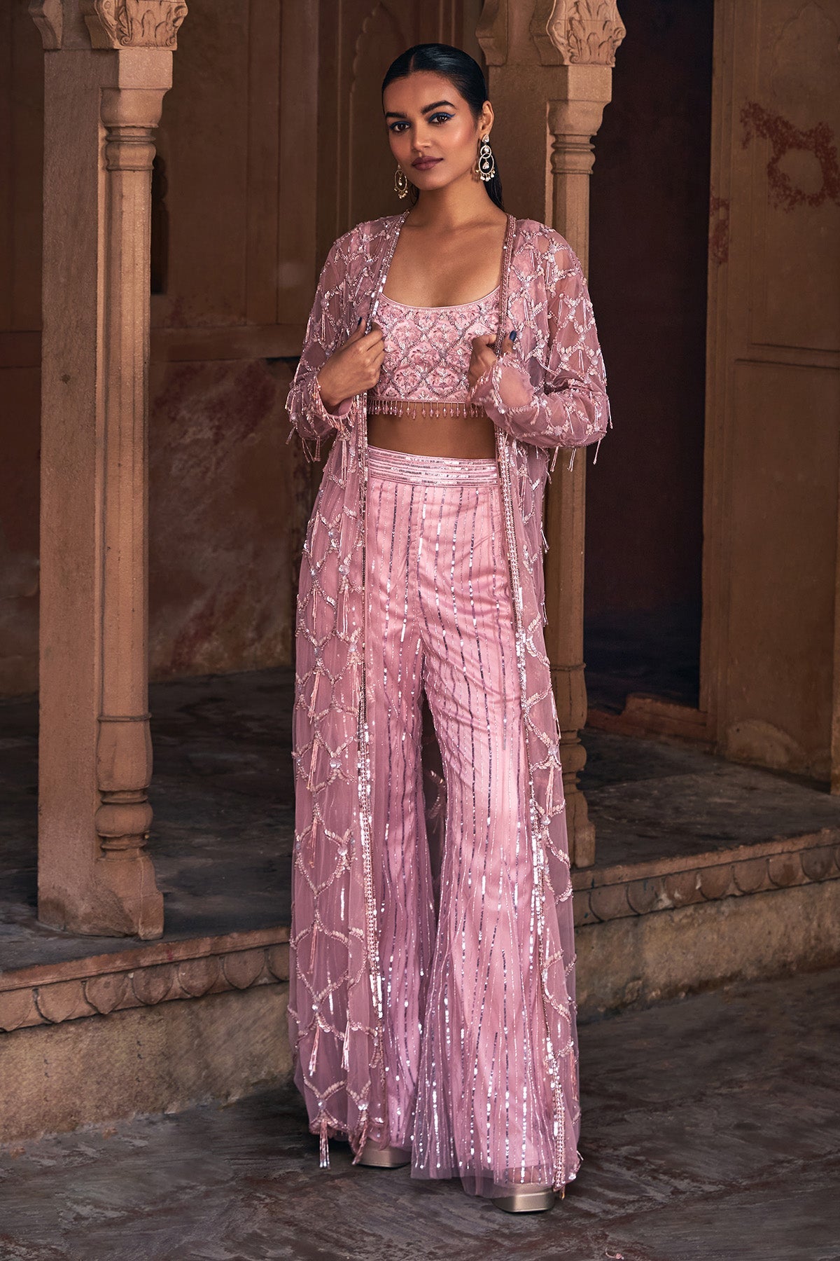 Onion Pink Full Embroidered Long Jacket Crop Top Set