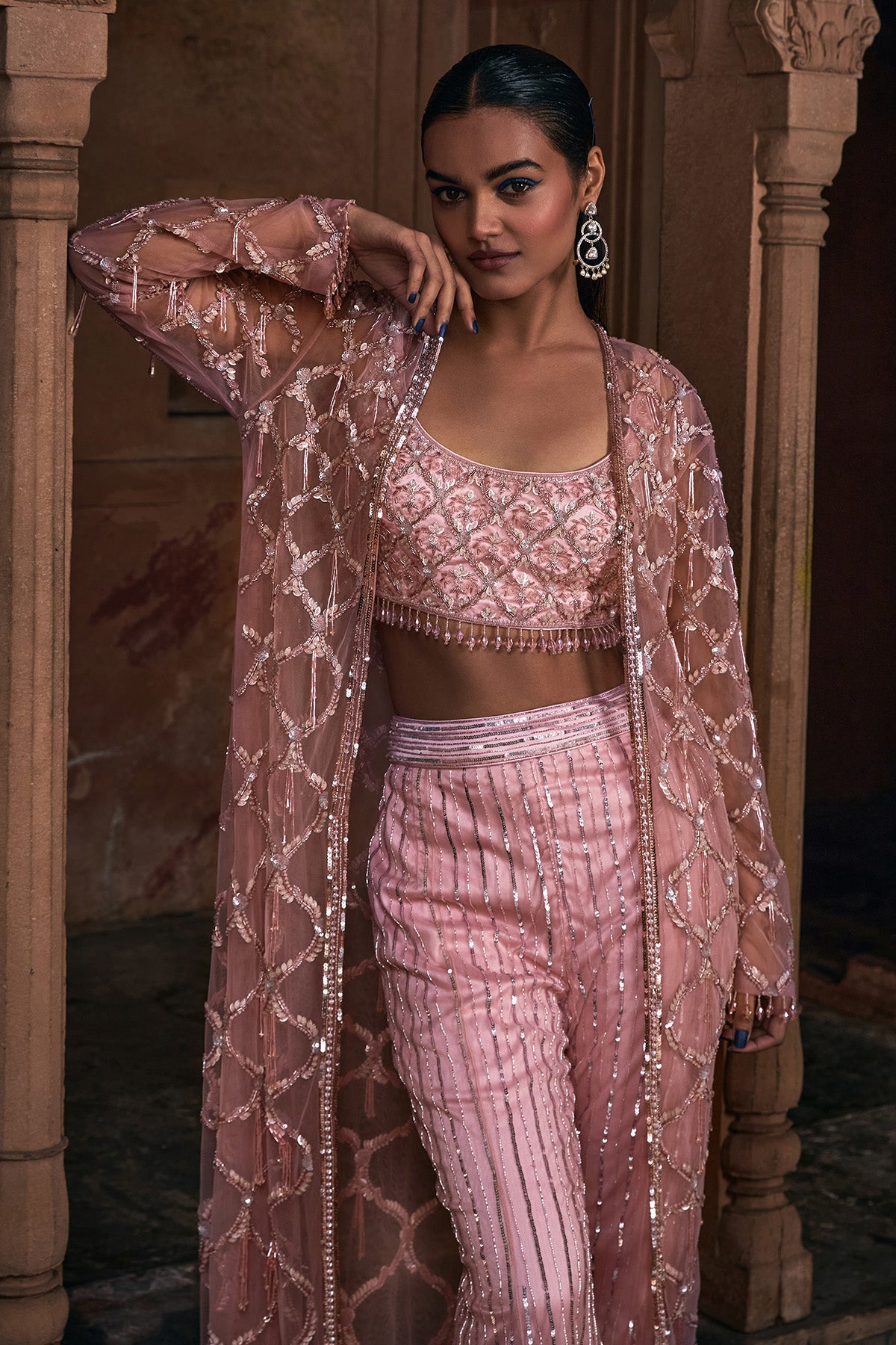 Onion Pink Full Embroidered Long Jacket Crop Top Set
