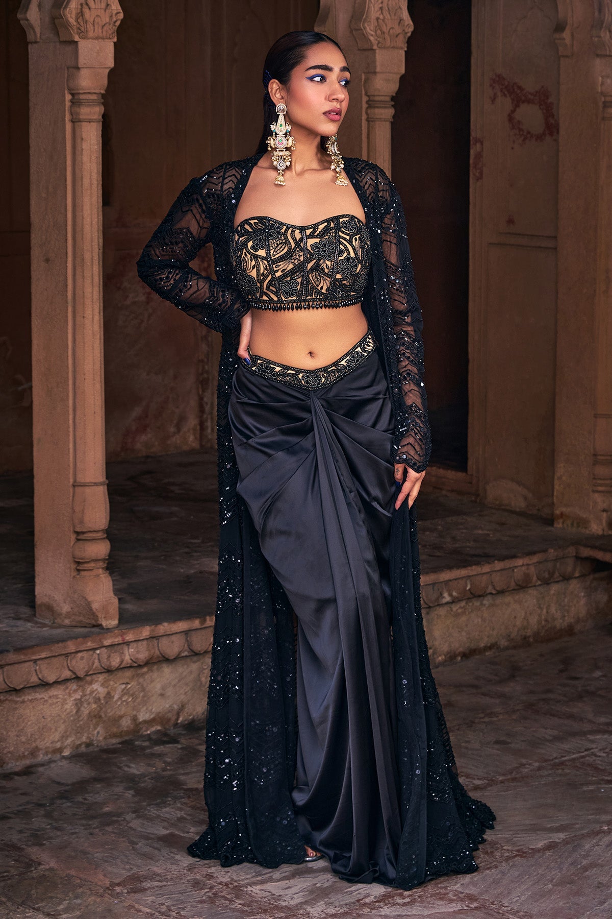Black Embroidered Long Jacket Set