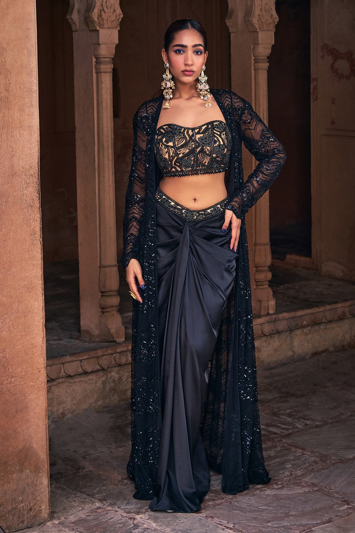 Black Embroidered Long Jacket Set