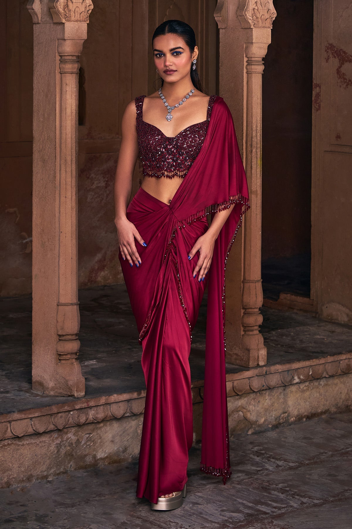 Maroon Embroidered Saree Set Marsala