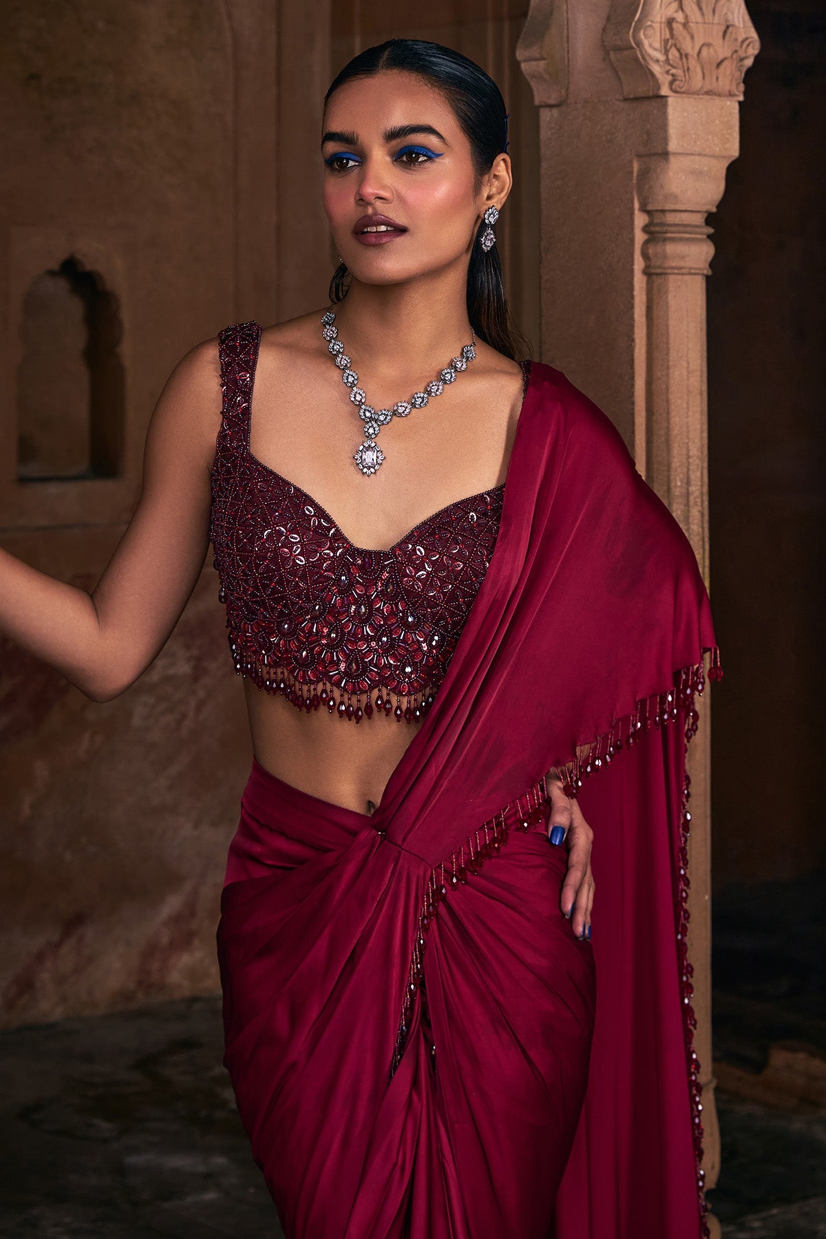 Maroon Embroidered Saree Set Marsala