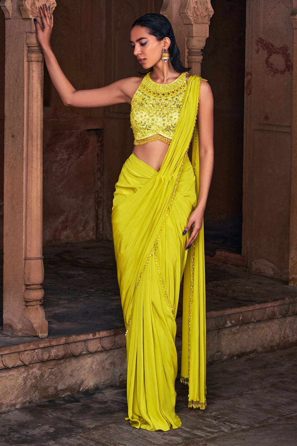 Yellow Embroidered Saree Set