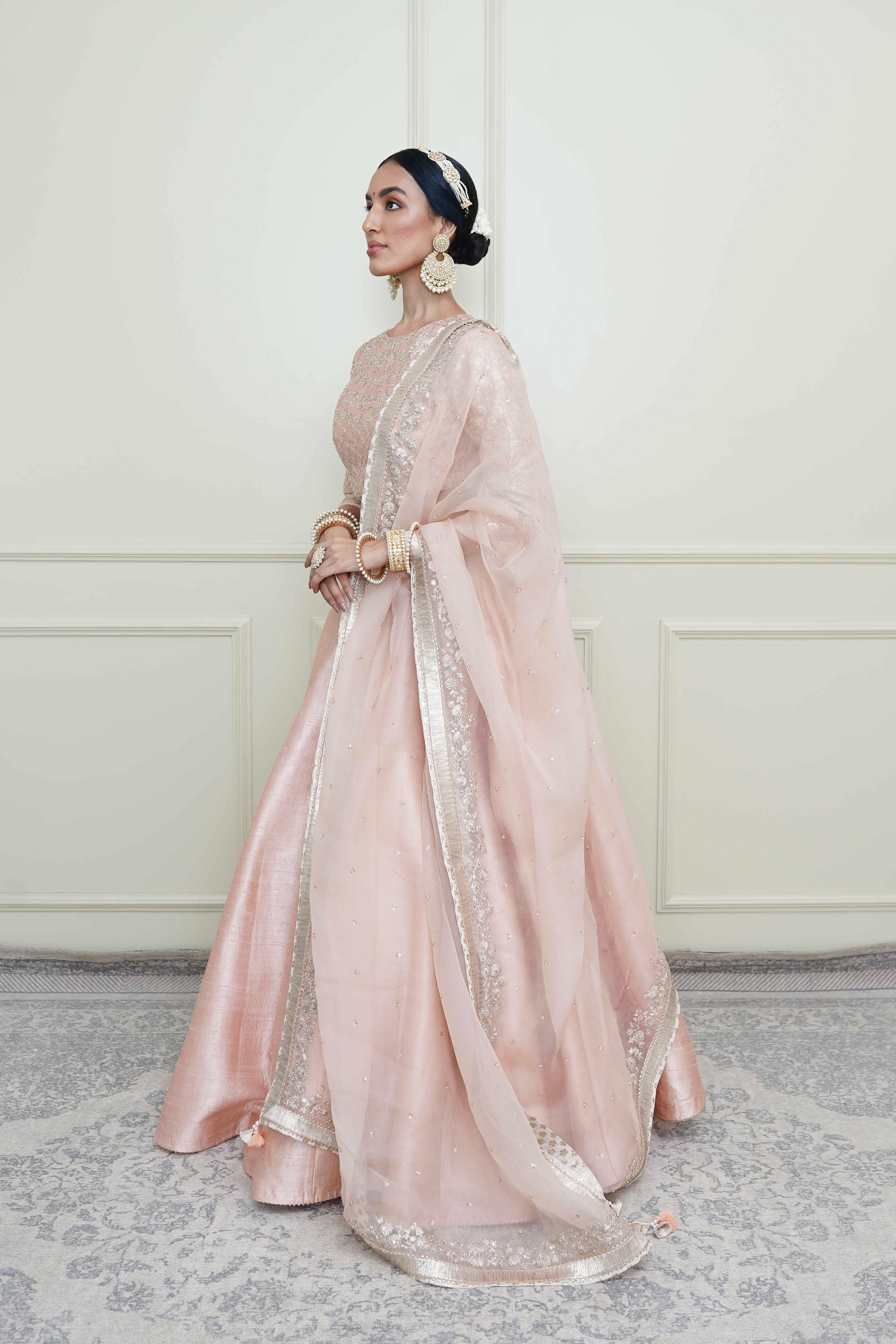 Aafiyah-Pearl Pink Tilla Embroidered Lehenga Set