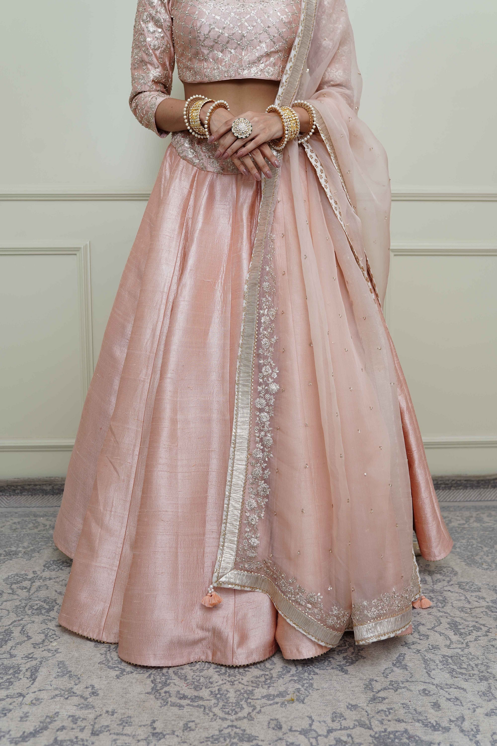 Aafiyah-Pearl Pink Tilla Embroidered Lehenga Set