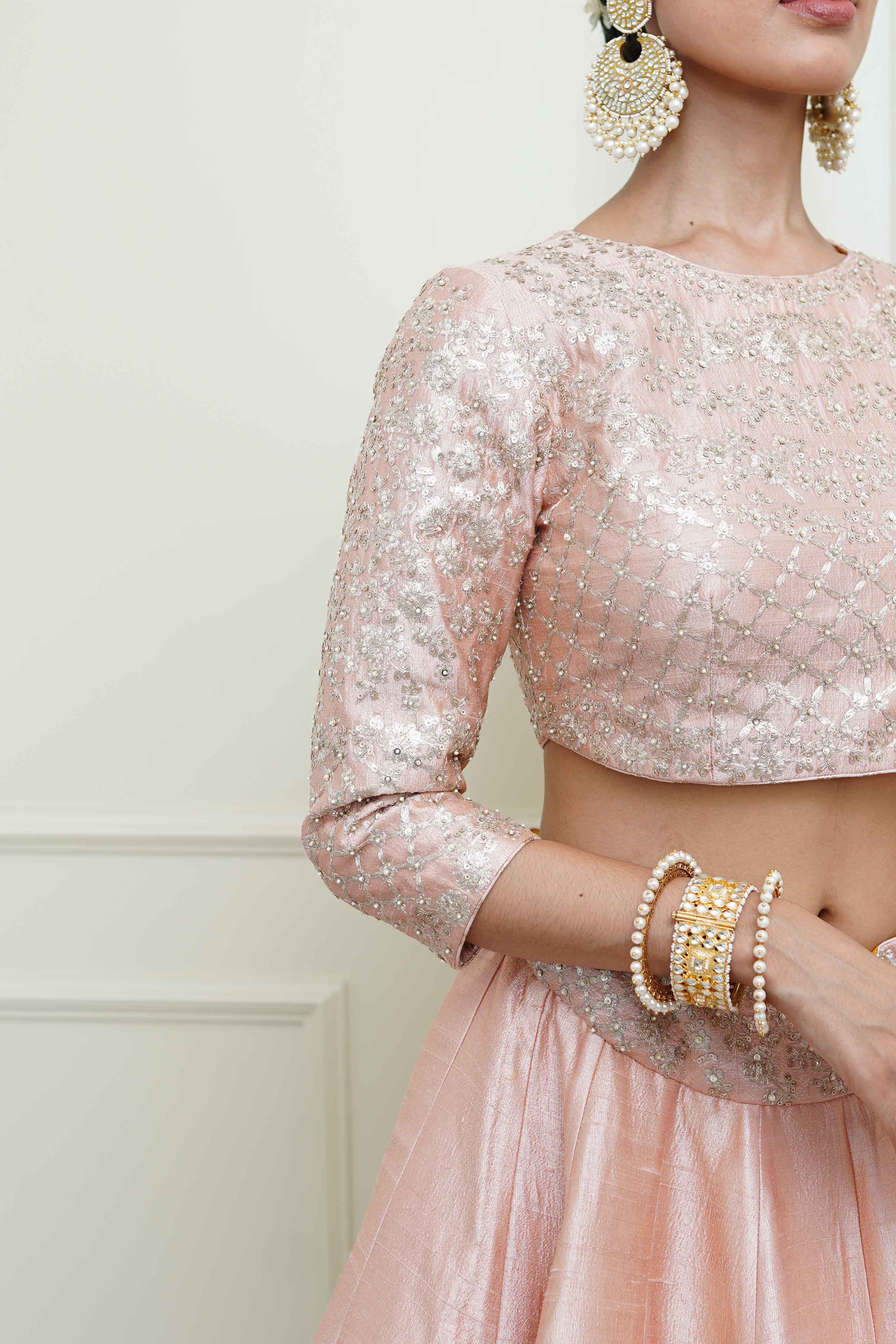 Aafiyah-Pearl Pink Tilla Embroidered Lehenga Set