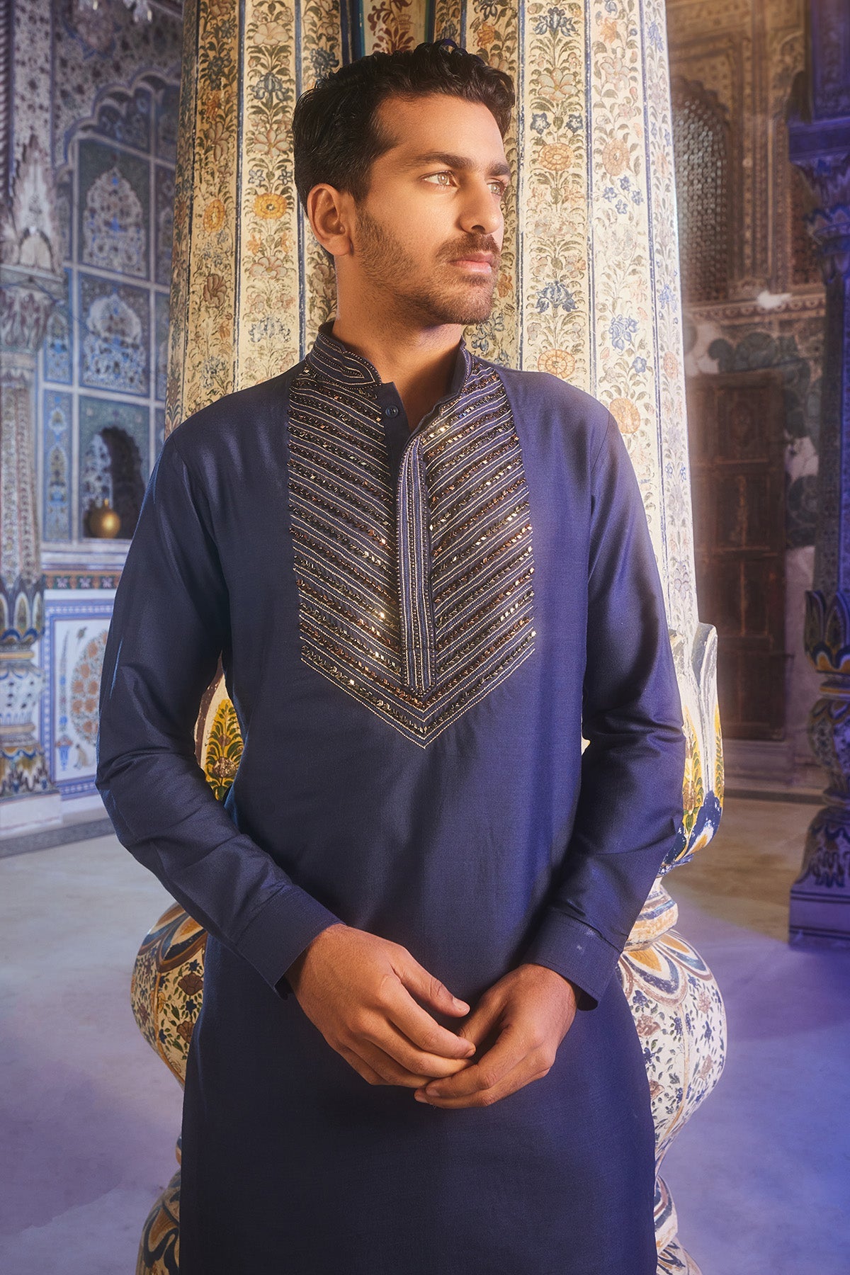 Dark Blue Placket Embroidered Kurta Set