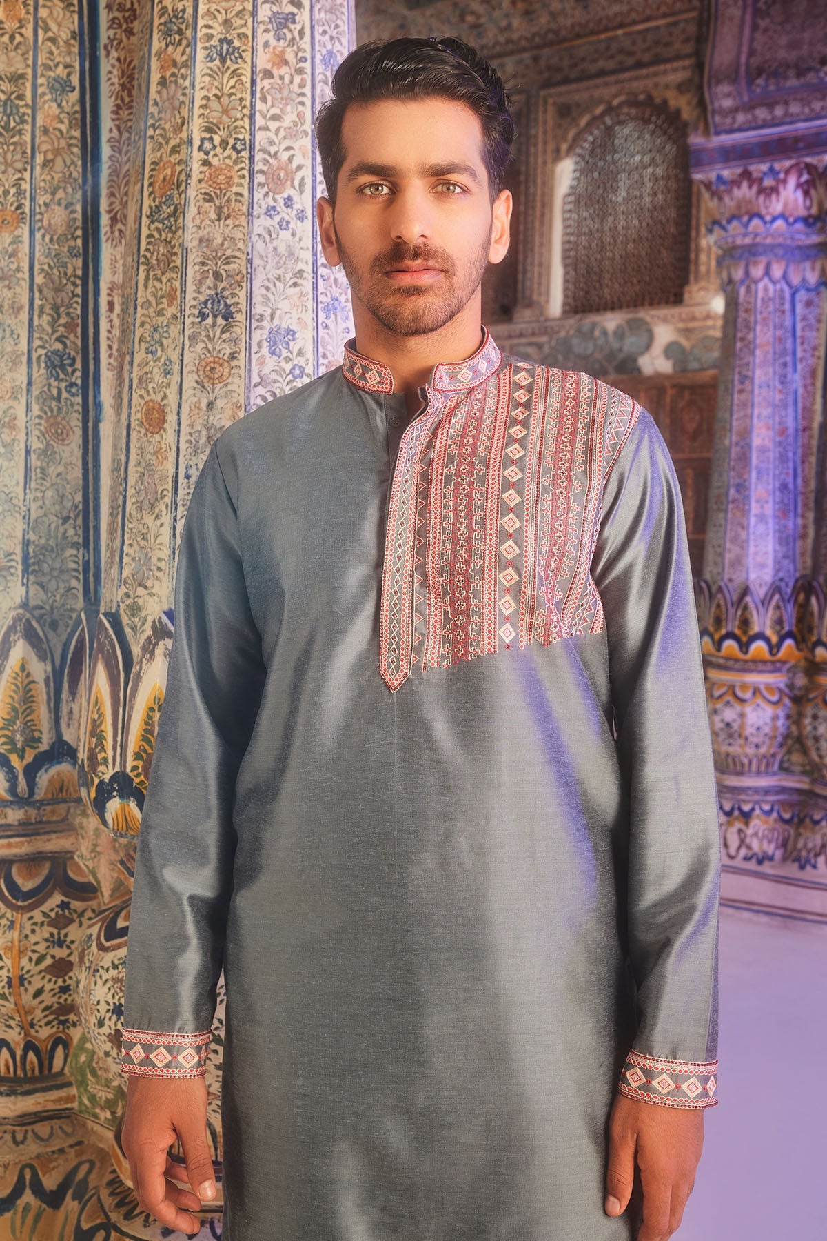 Grey Thread One Side Embroidered Kurta Set