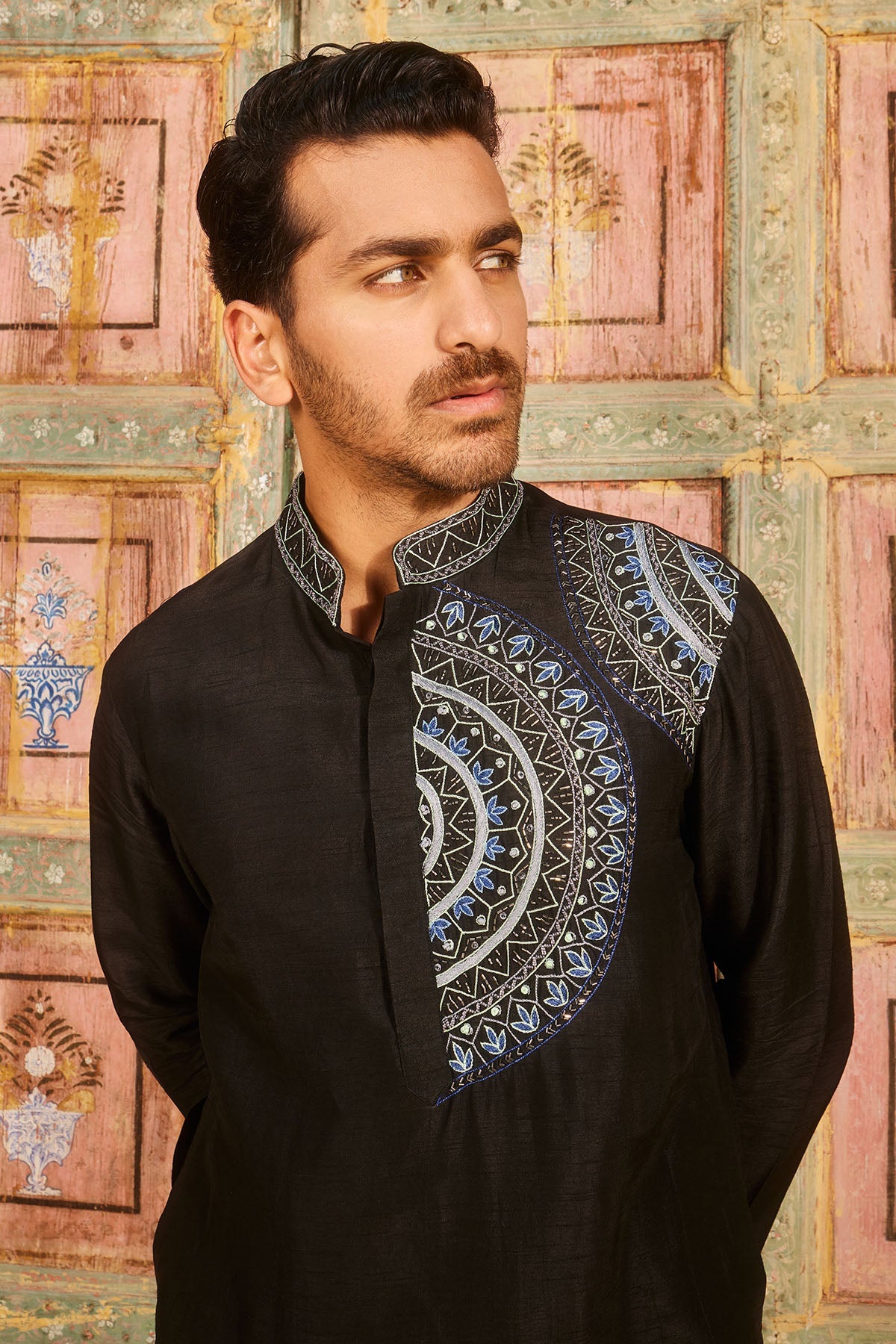 Black One Side Embroidered Kurta And Pant