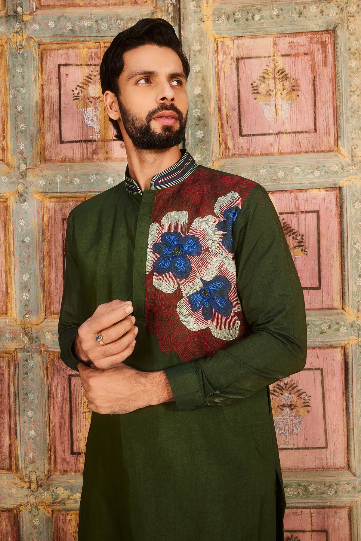 Olive Green One Side Embroidered Kurta And Pant