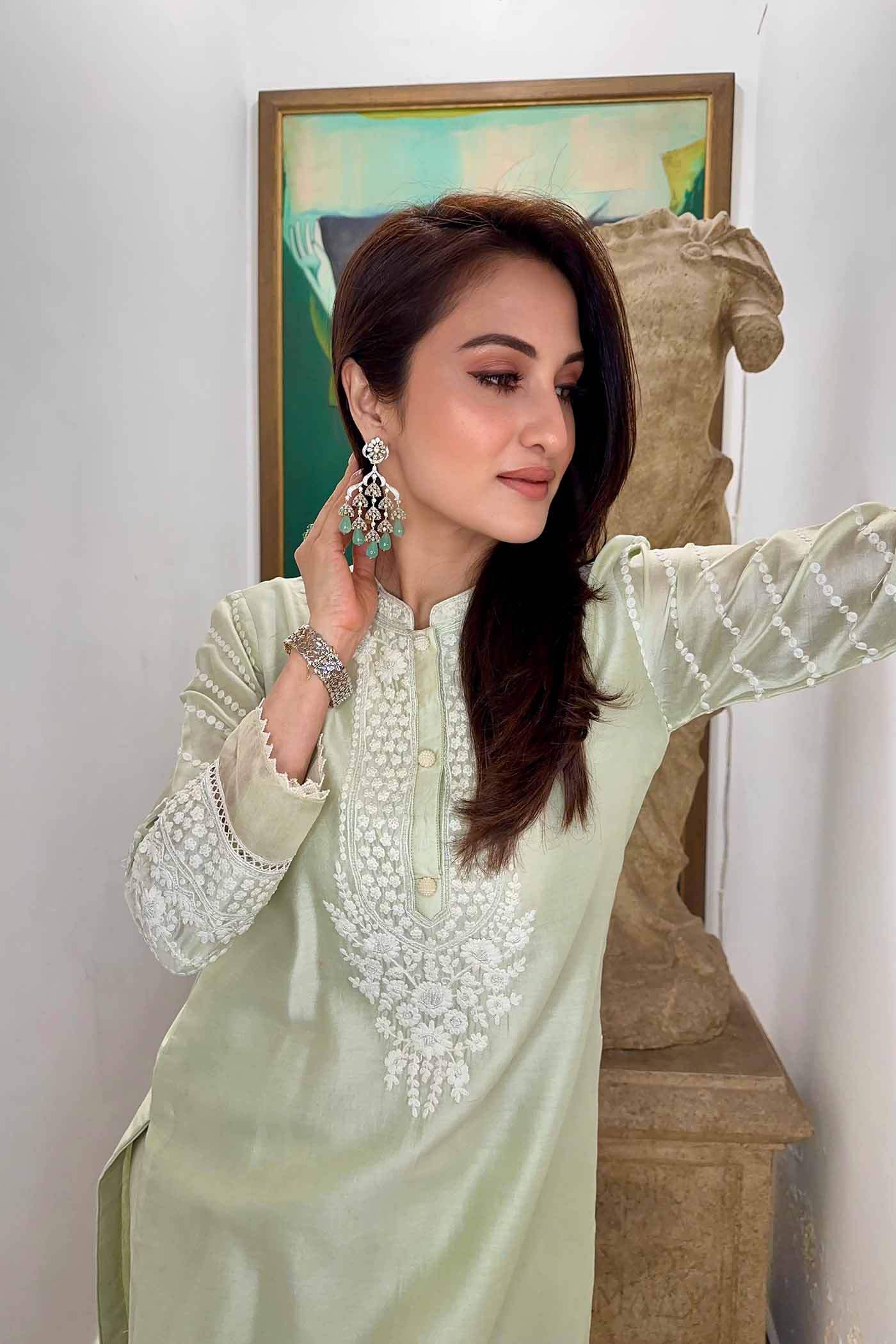 Payal Sen In Ayika - Frosty Green Short Kurta With Dhoti