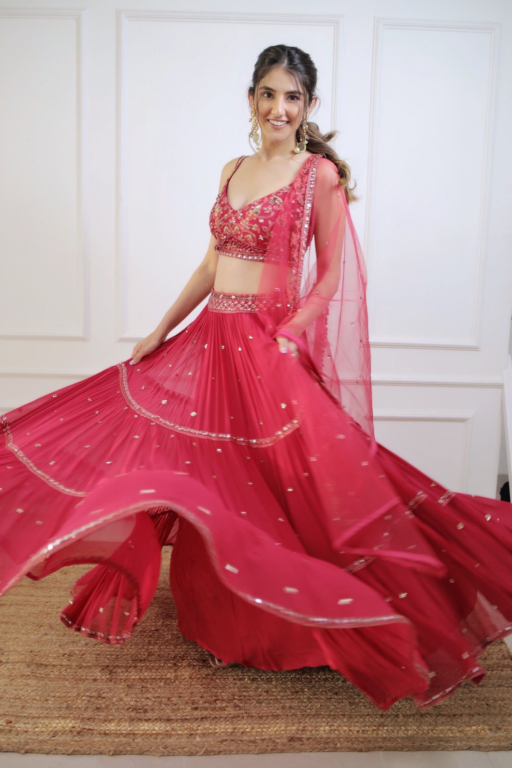 Meher In Fuchsia Three Tiered Lehenga With Blouse And Dupatta Set