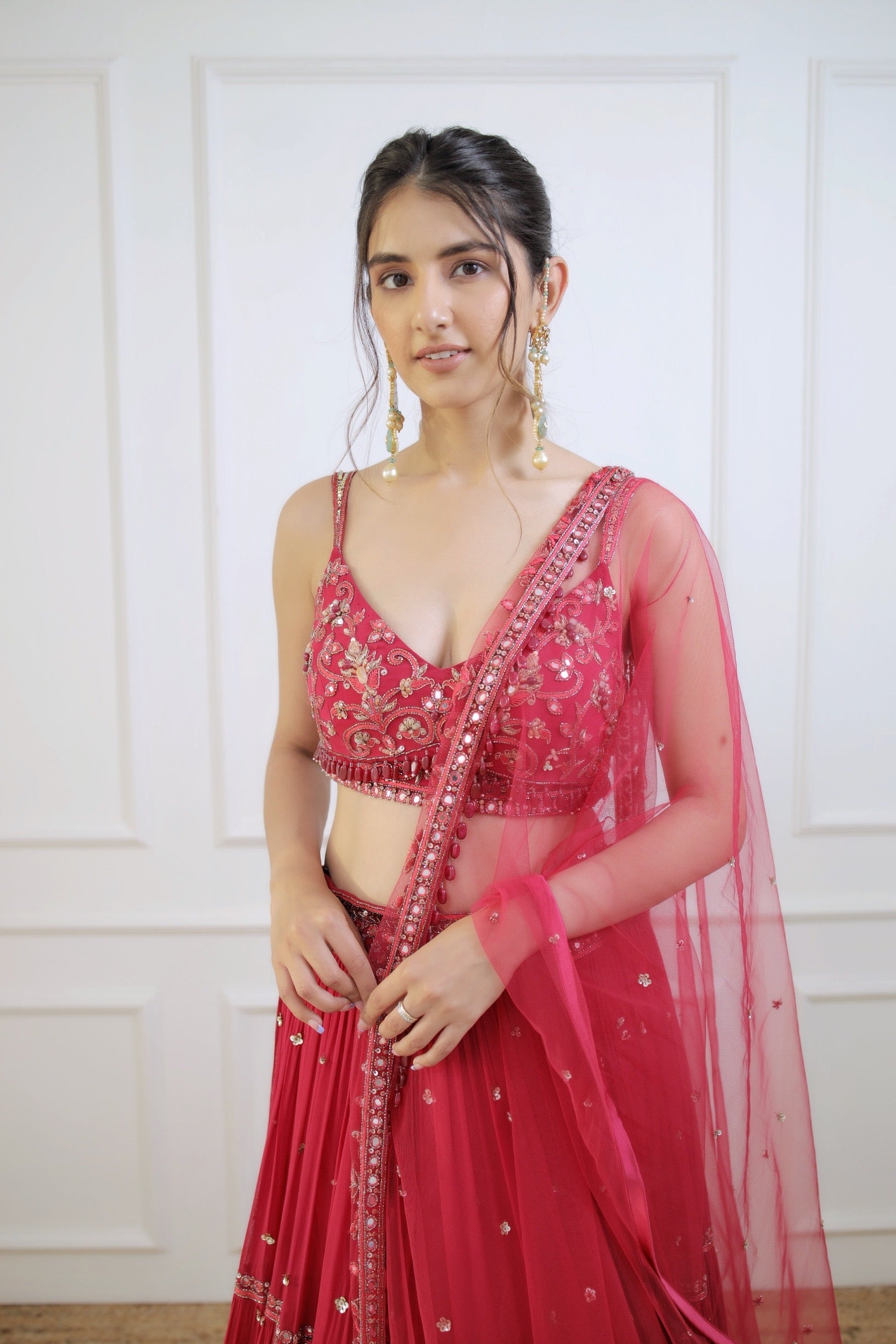 Meher In Fuchsia Three Tiered Lehenga With Blouse And Dupatta Set