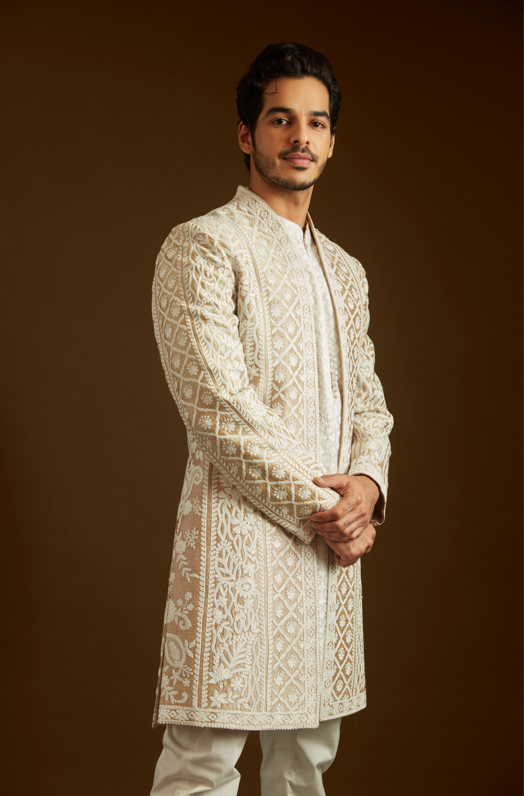 Ishaan Khatter In Nude Cream Open Sherwani Set