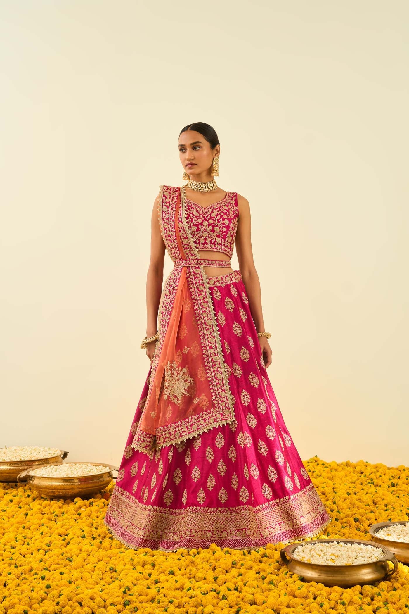 Masiah Hotpink Kashmiri Tilla Lehenga With Blouse And Dupatta