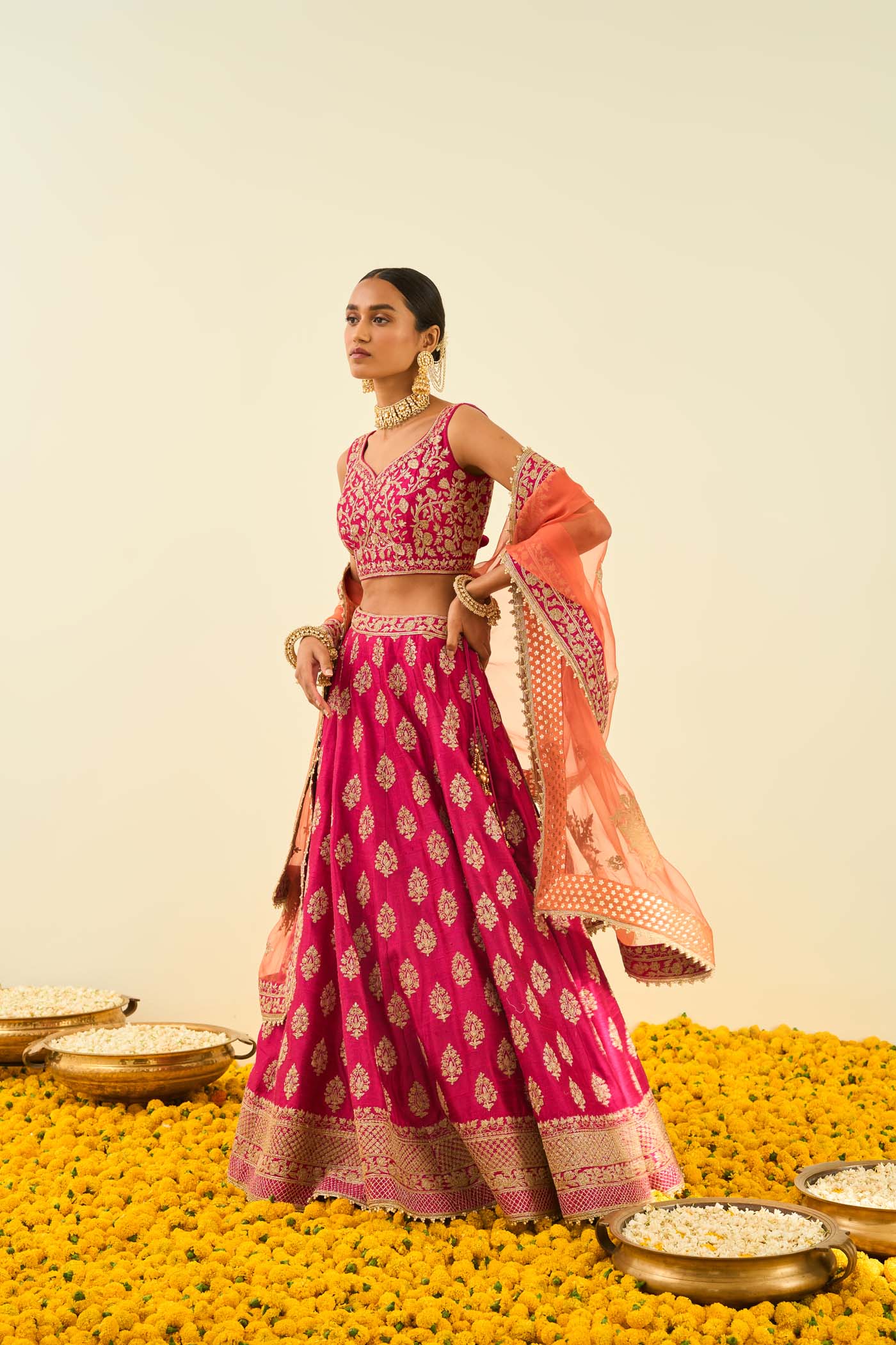 Masiah Hotpink Kashmiri Tilla Lehenga With Blouse And Dupatta