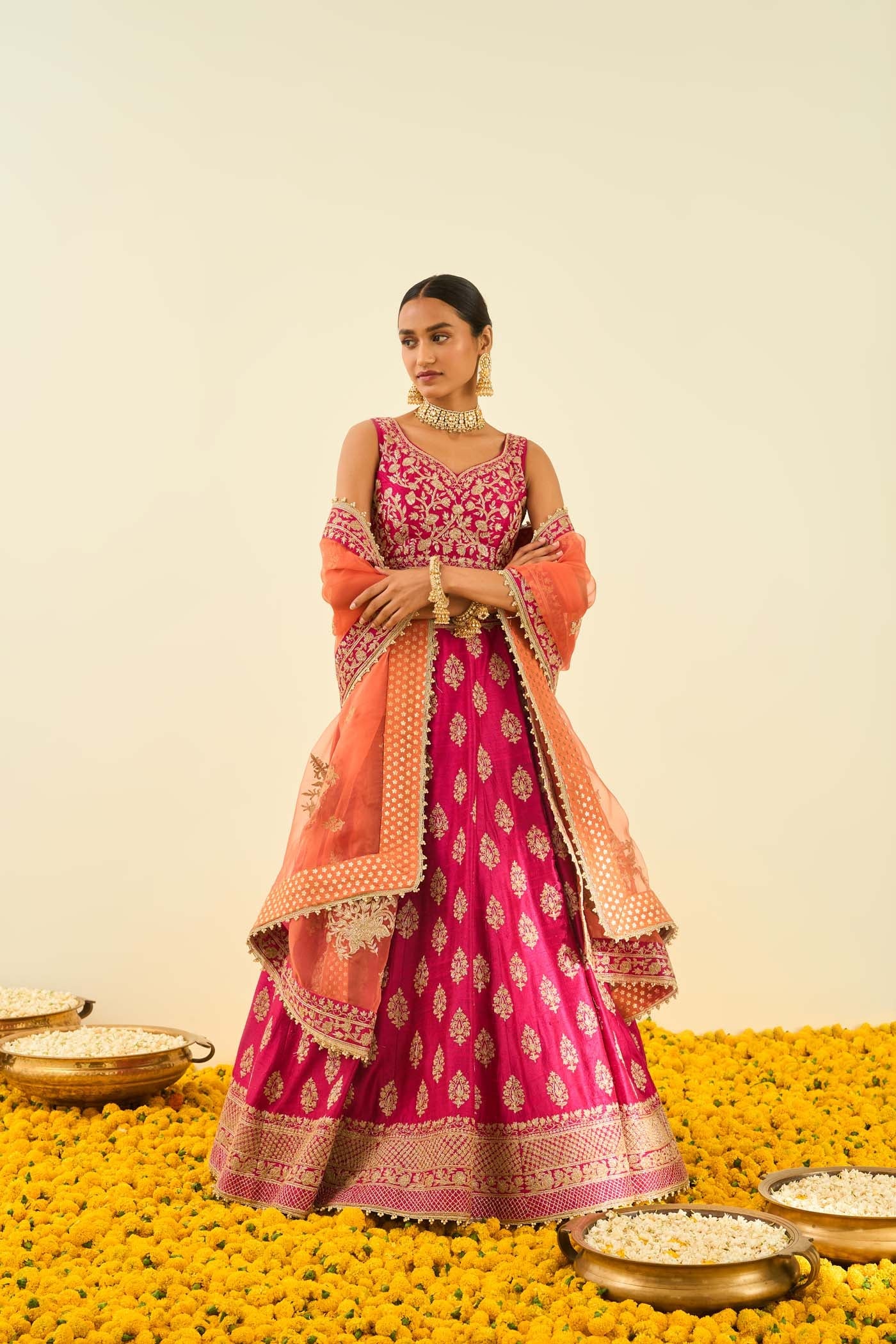 Masiah Hotpink Kashmiri Tilla Lehenga With Blouse And Dupatta