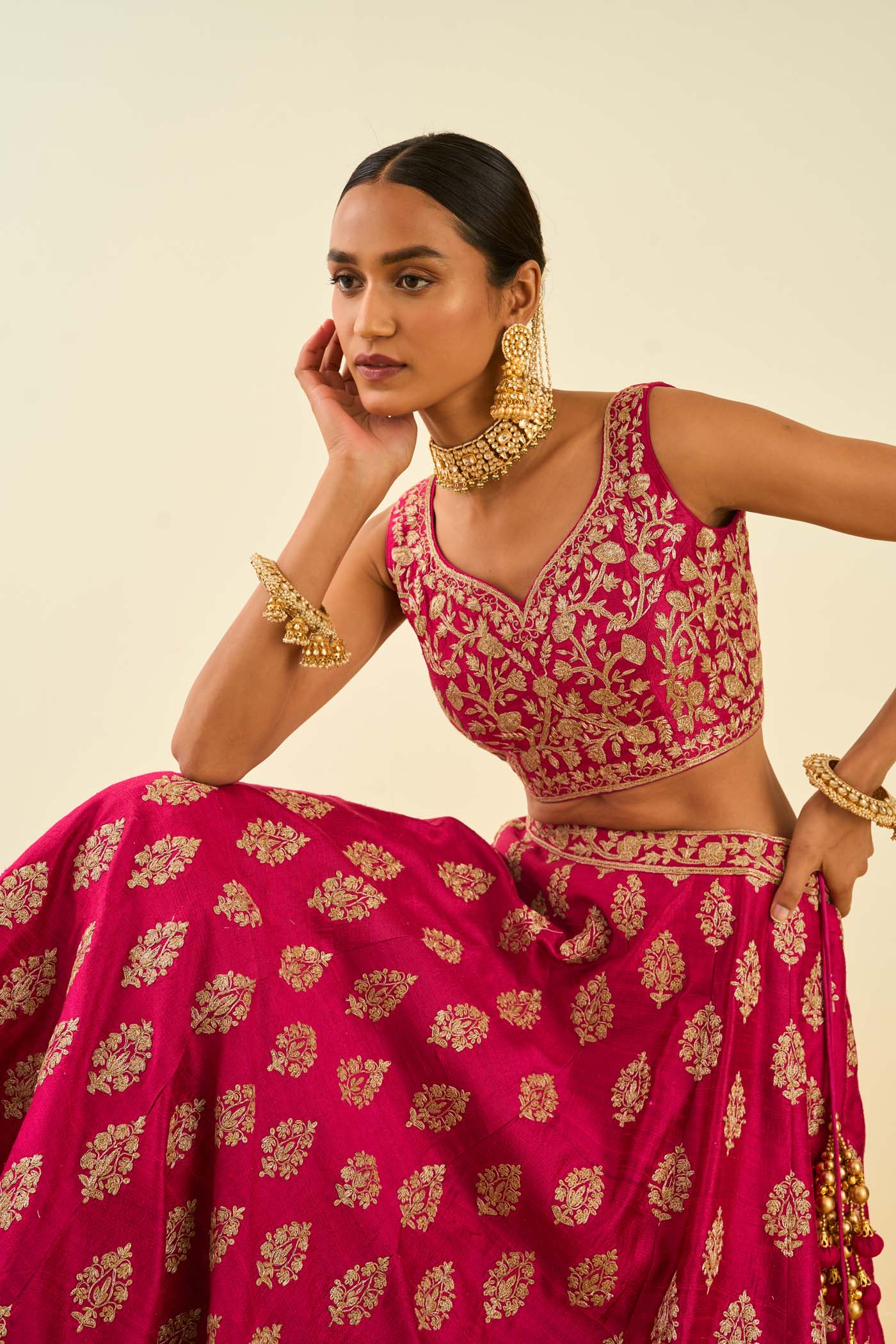 Masiah Hotpink Kashmiri Tilla Lehenga With Blouse And Dupatta
