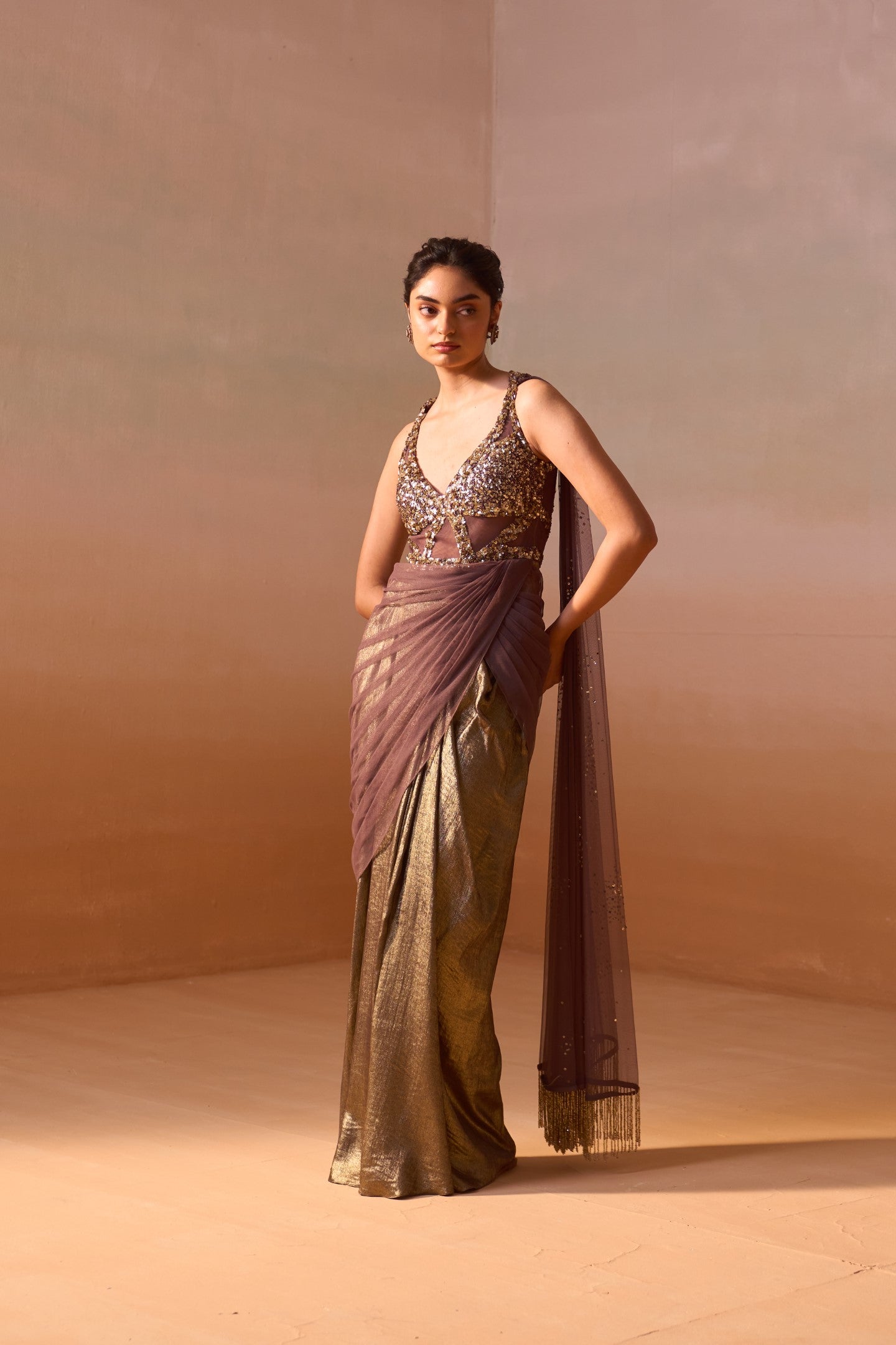 Chocolate Brown Draped Saree