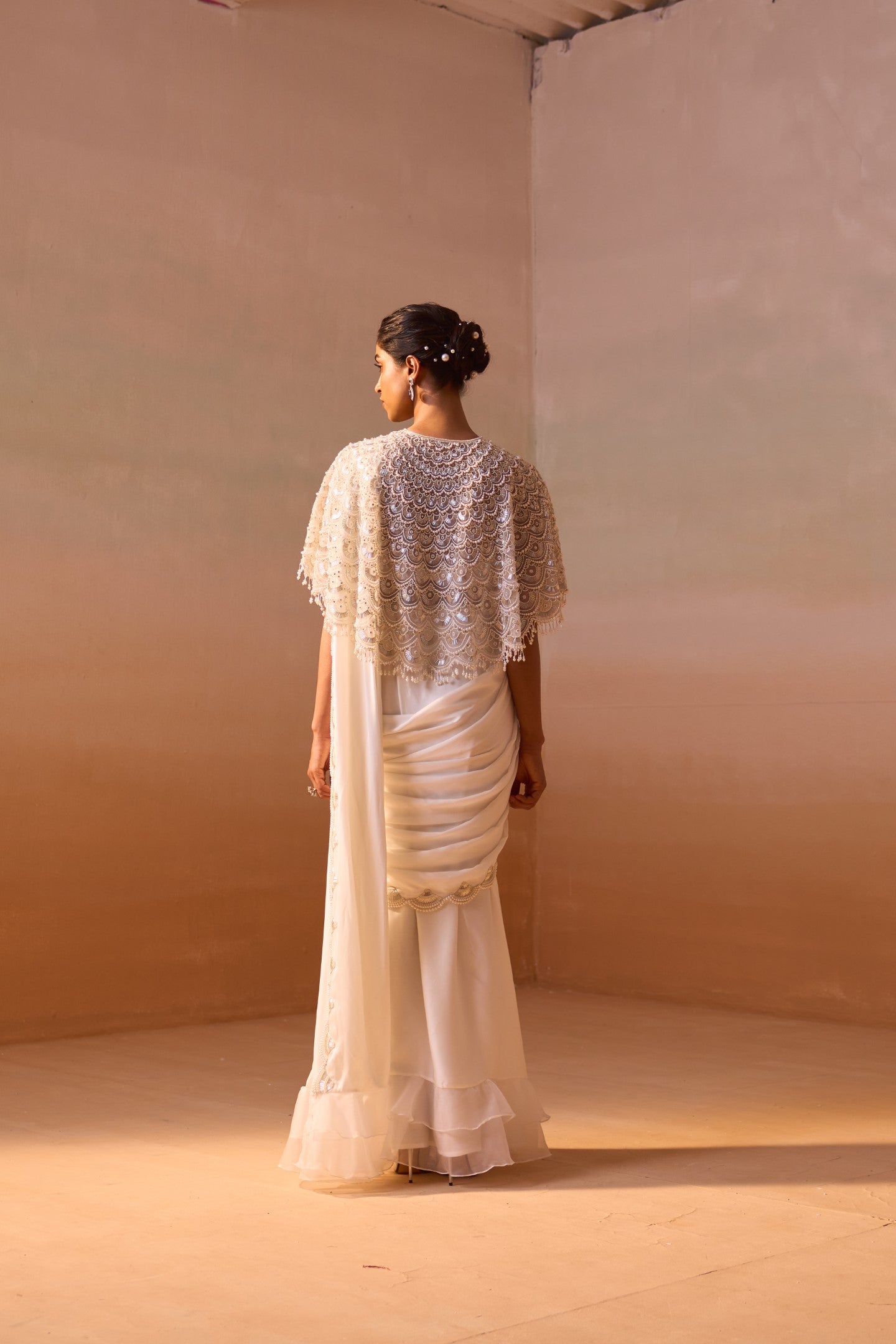 3Pcs White Cape With Draped Saree