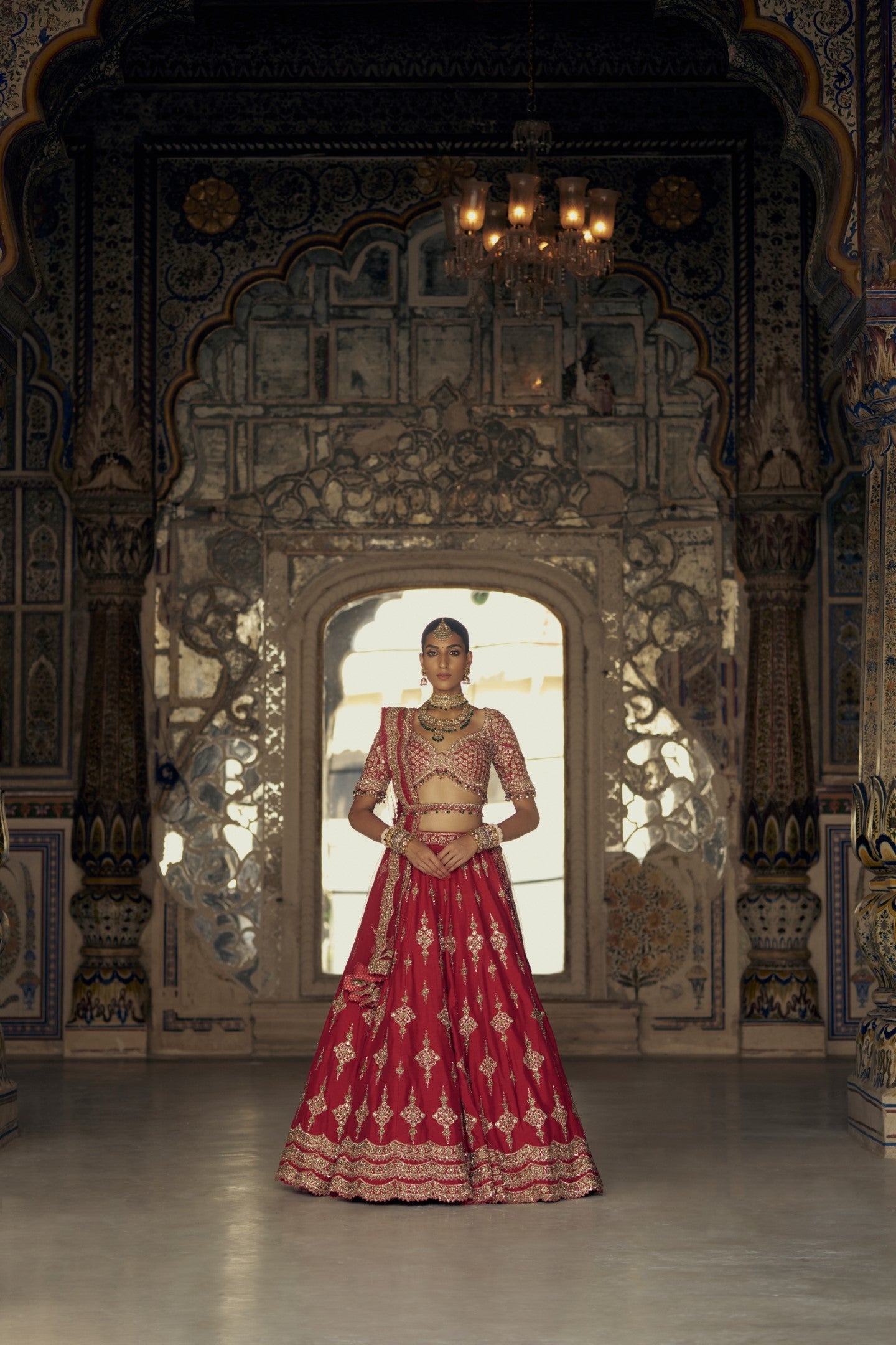 Deep Red Raw Silk Lehenga Choli Set With A Tulle Dupatta