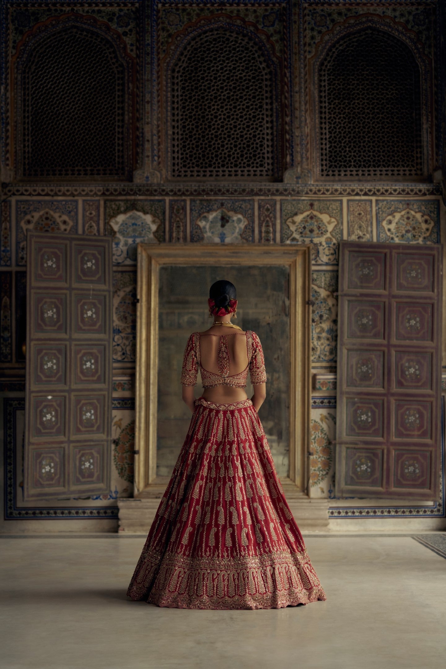 Deep Red Raw Silk Lehenga Choli Set With A Tulle Dupatta