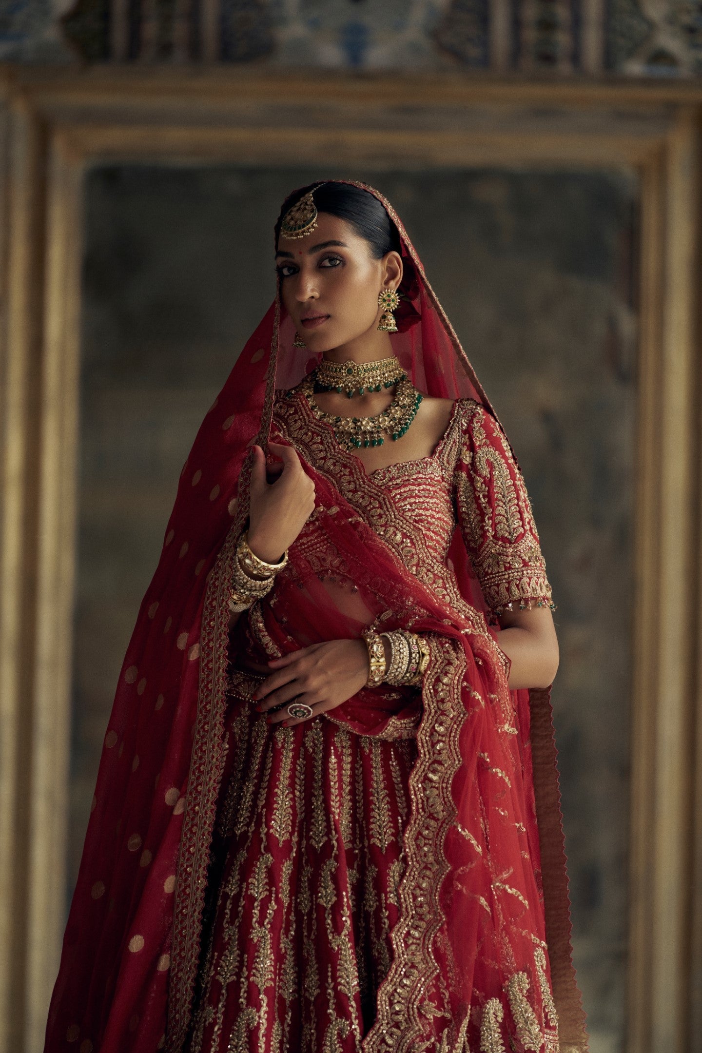 Deep Red Raw Silk Lehenga Choli Set With A Tulle Dupatta