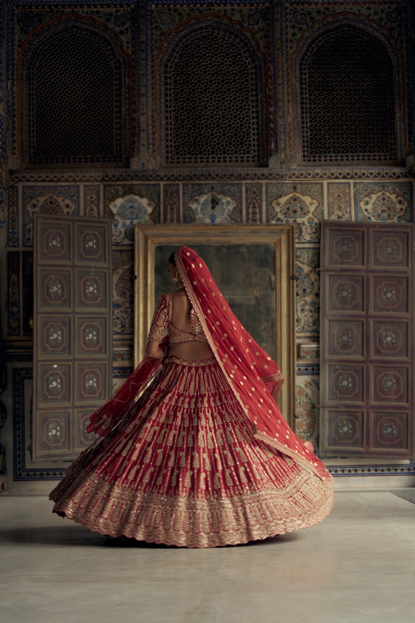 Deep Red Raw Silk Lehenga Choli Set With A Tulle Dupatta