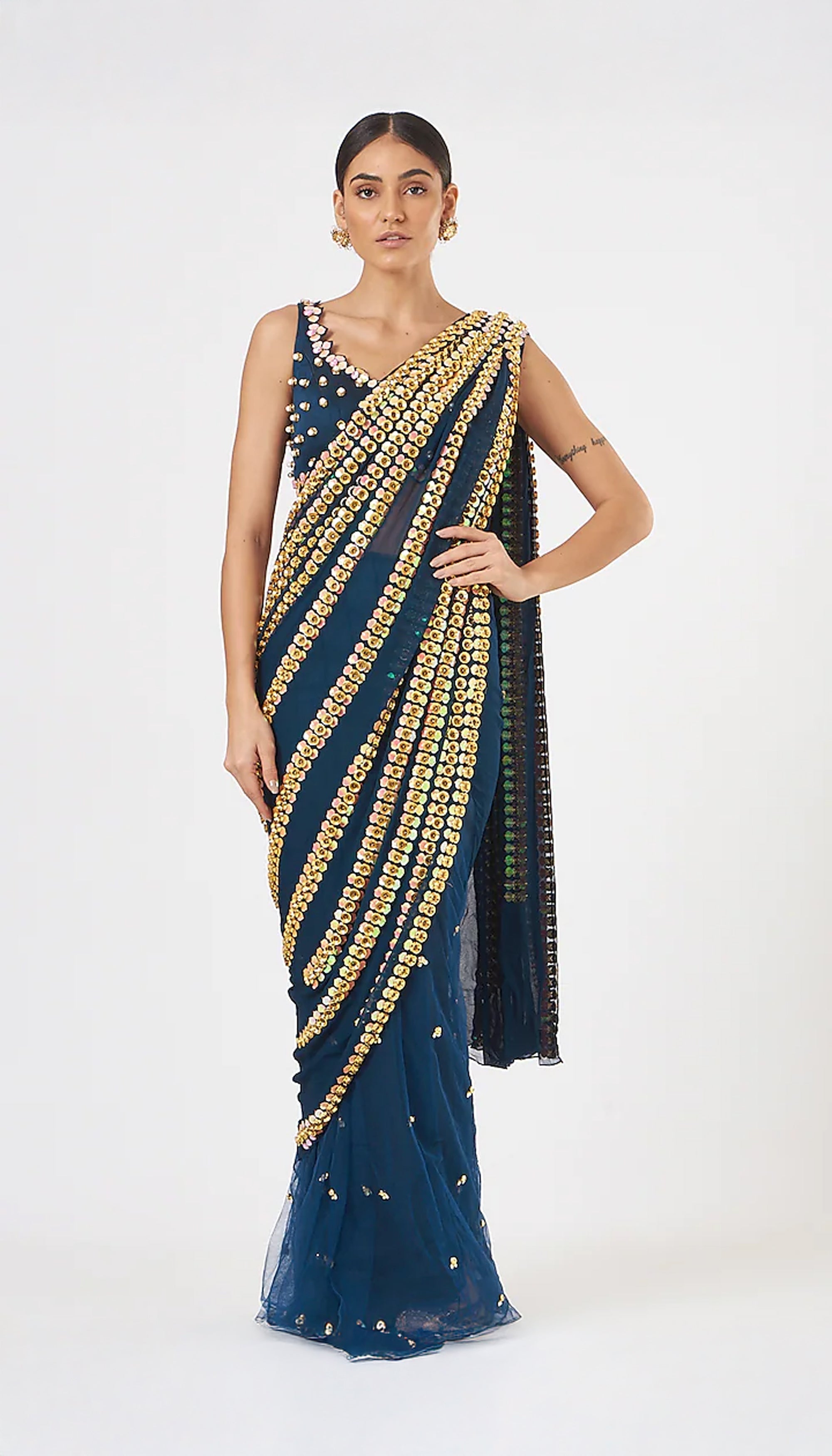 Shooting Star - Midnight Blue Embroidered Saree Set