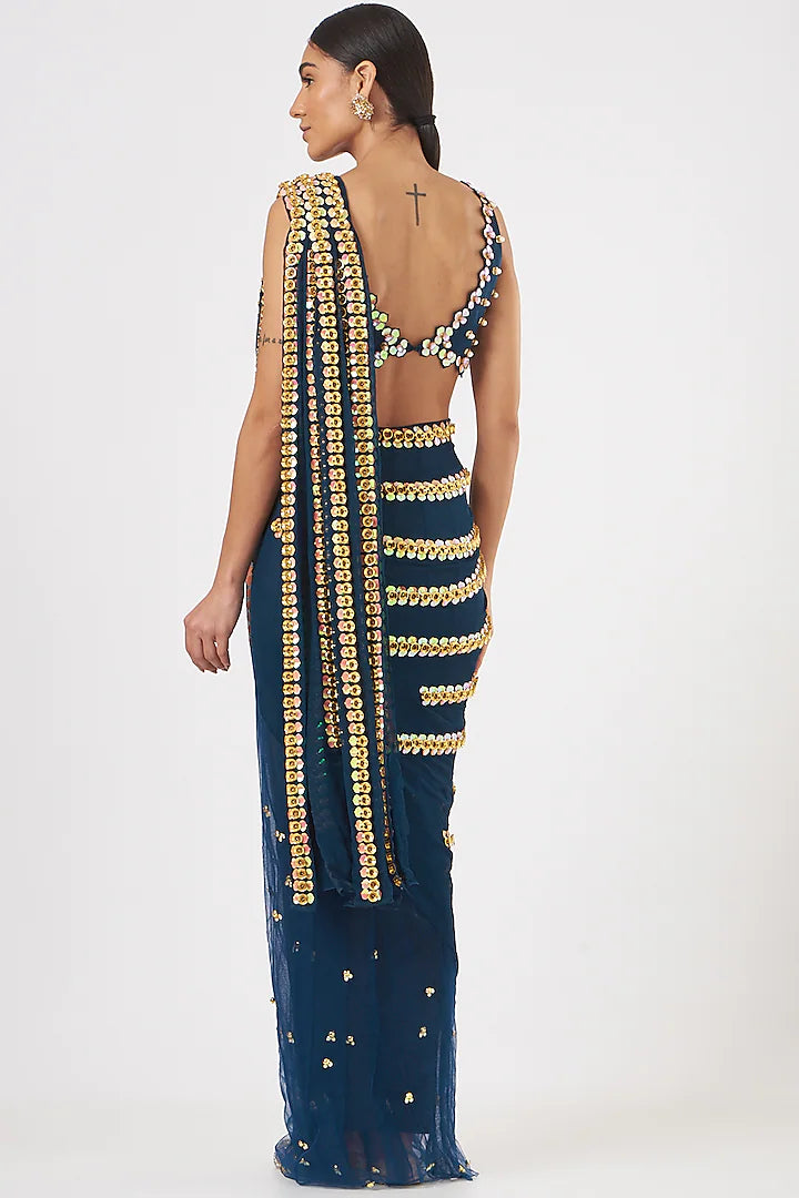 Shooting Star - Midnight Blue Embroidered Saree Set