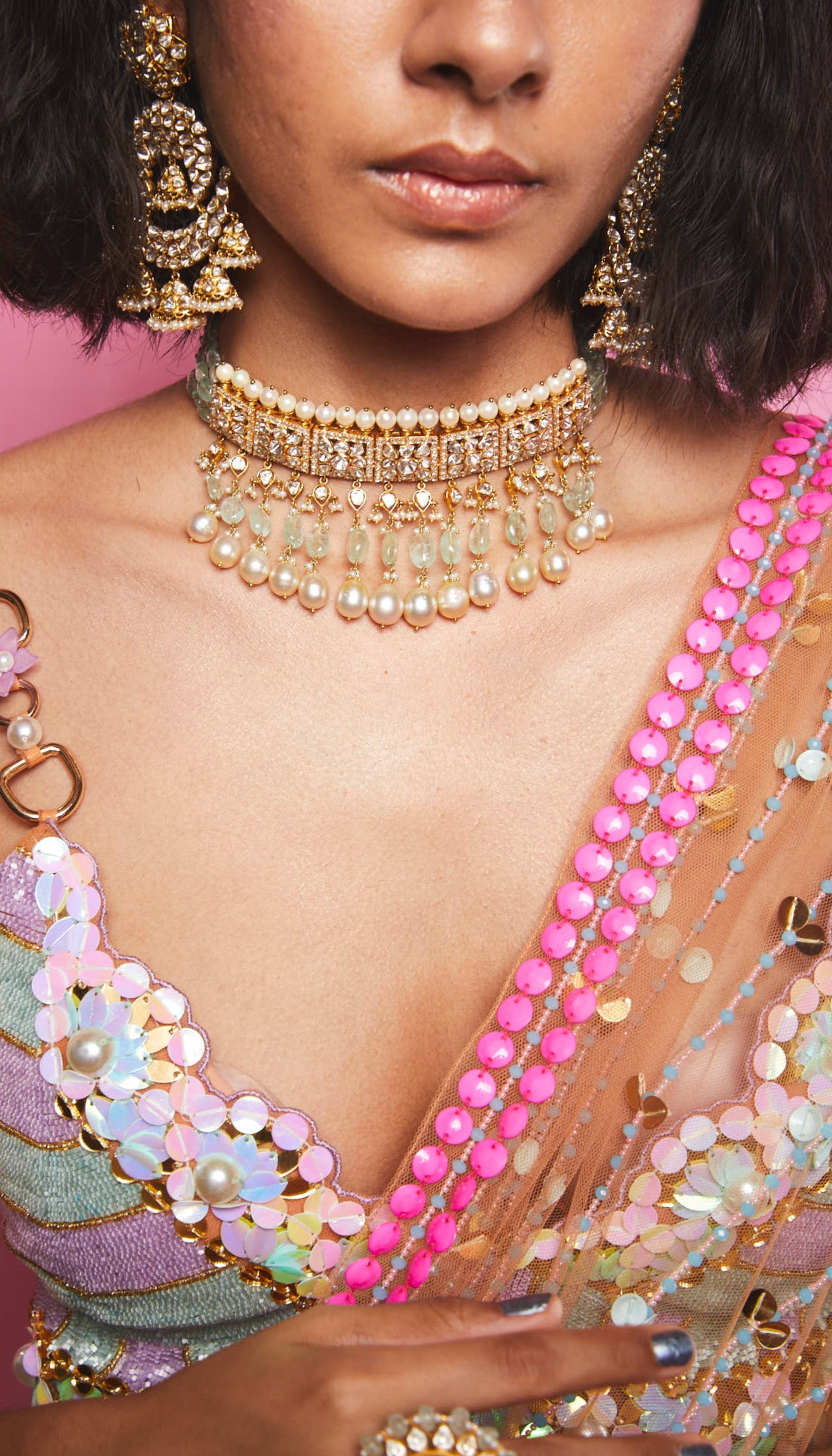 Chrissy Teigen - Biscuit Nude Embellished Saree Set