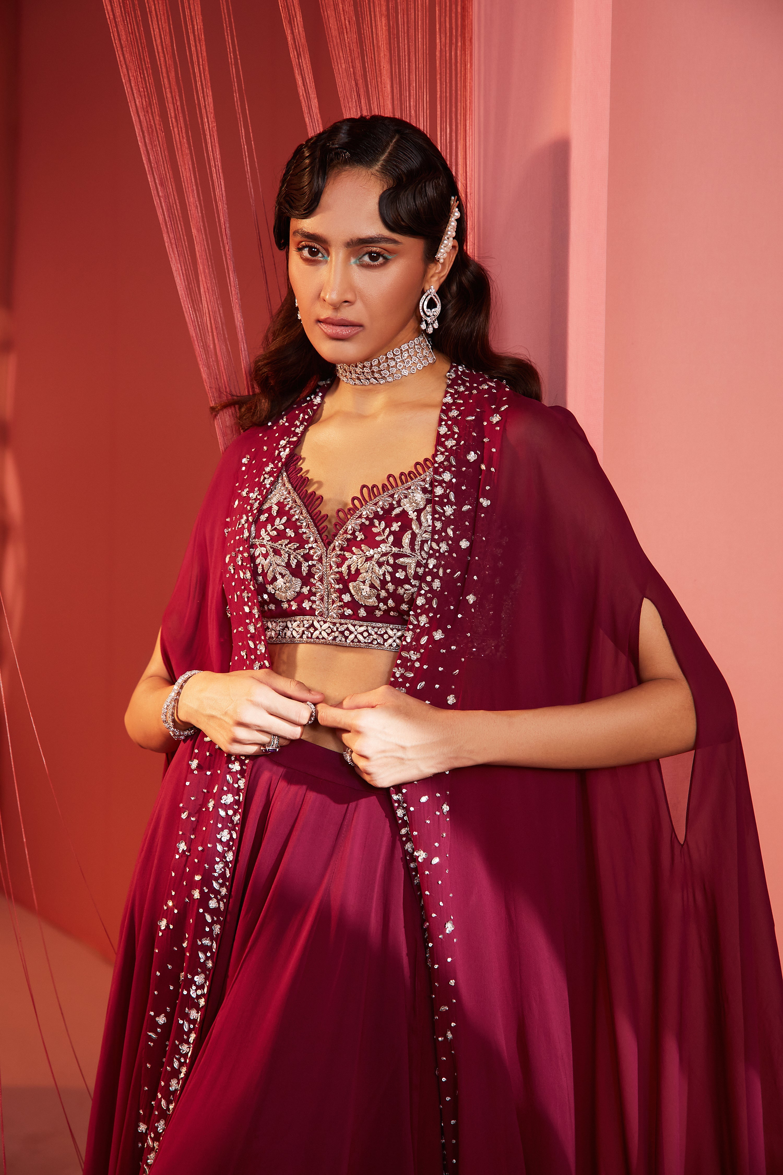Plum Cape Blouse And Palazzo Set