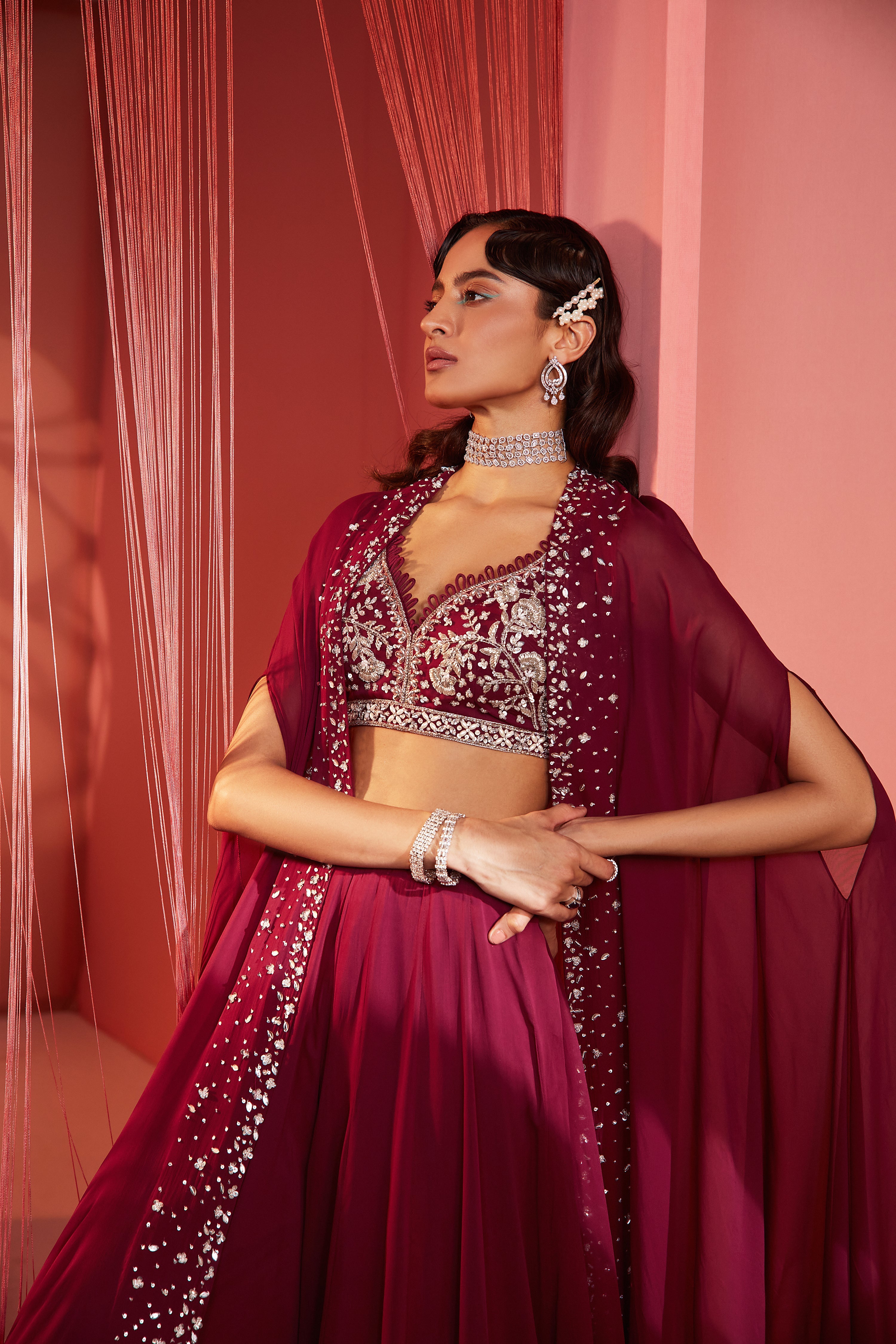 Plum Cape Blouse And Palazzo Set