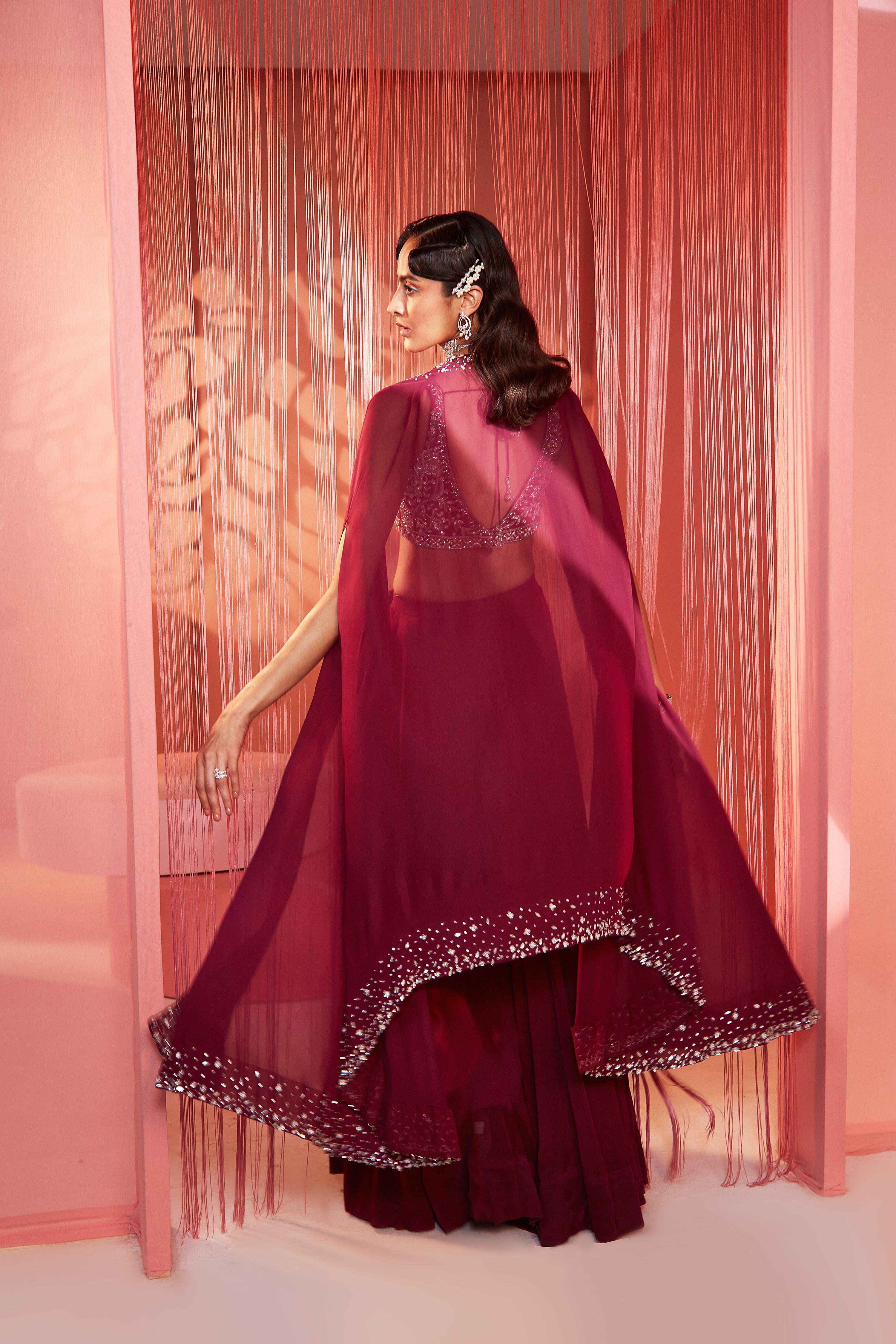 Plum Cape Blouse And Palazzo Set
