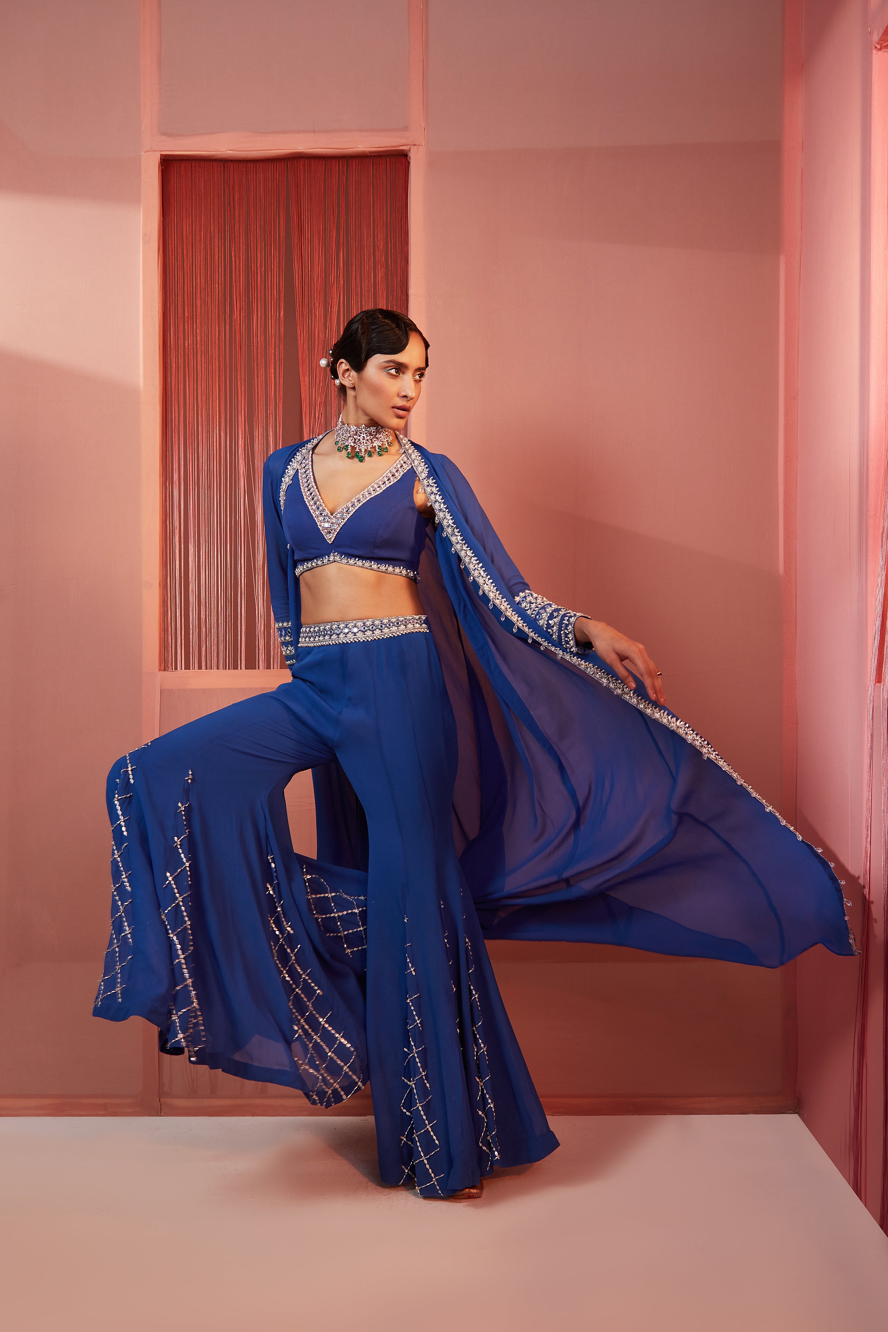 Ink Blue Sharara And Cape Set