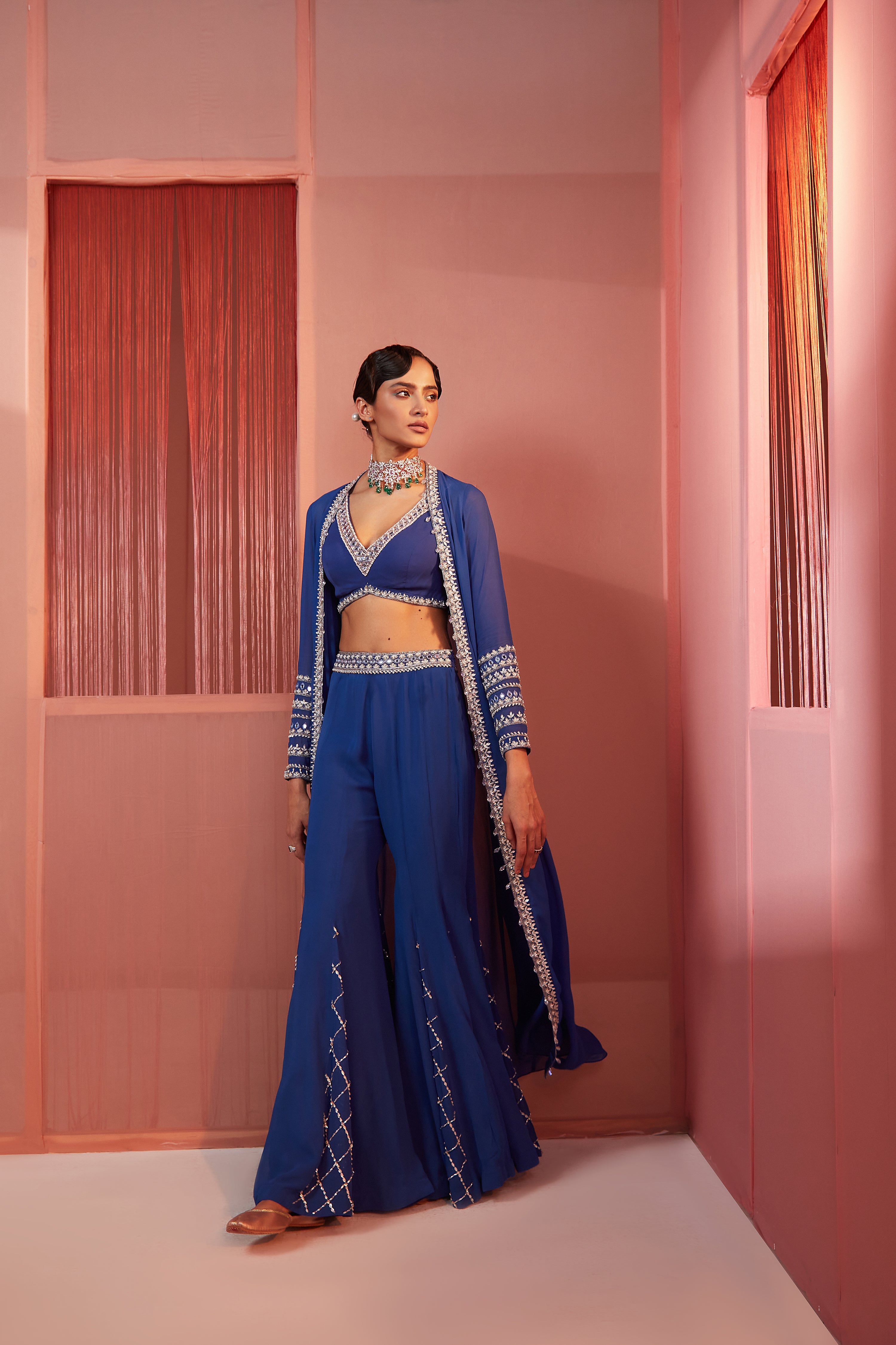 Ink Blue Sharara And Cape Set