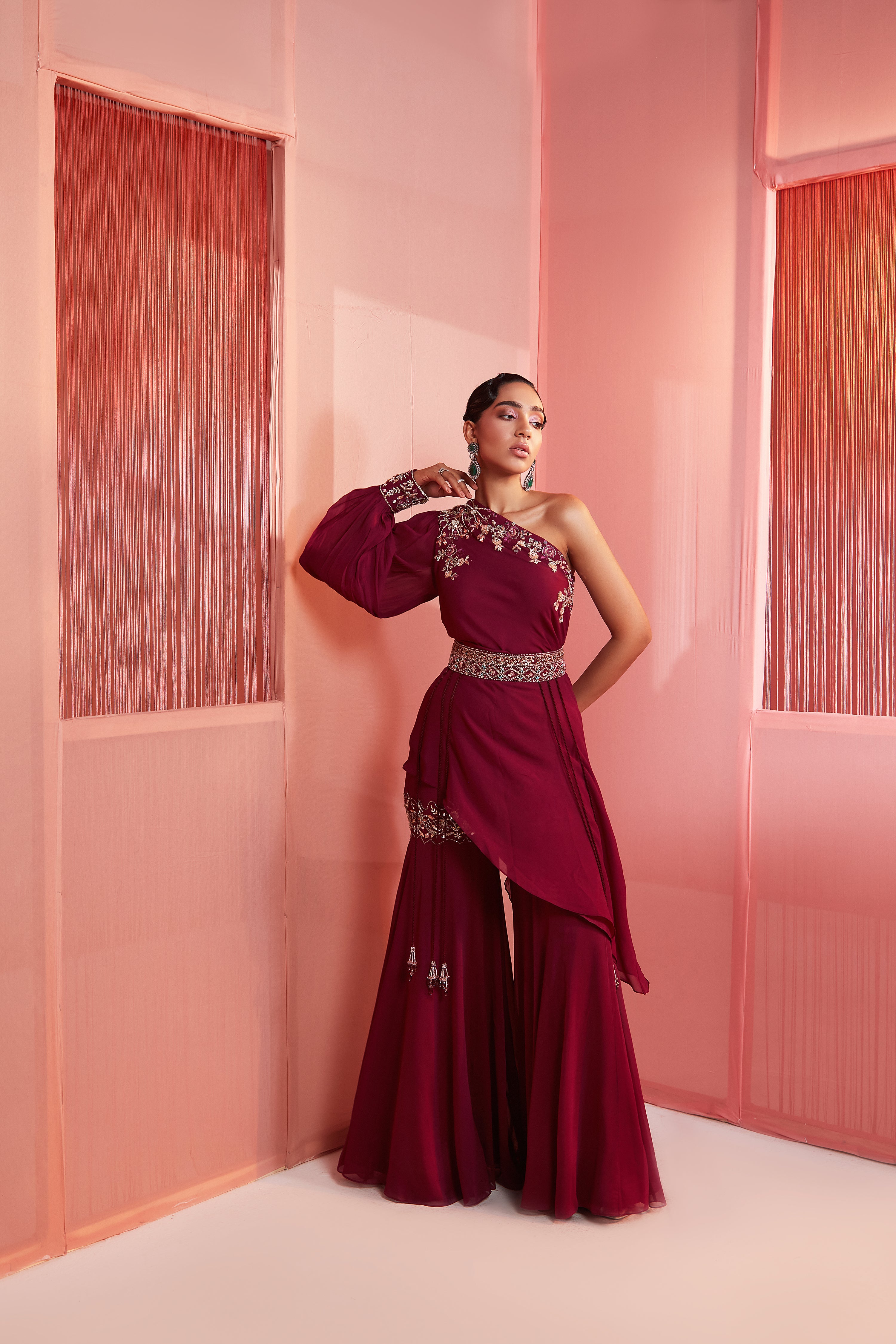 Plum One Shoulder Cape And Sharara Set