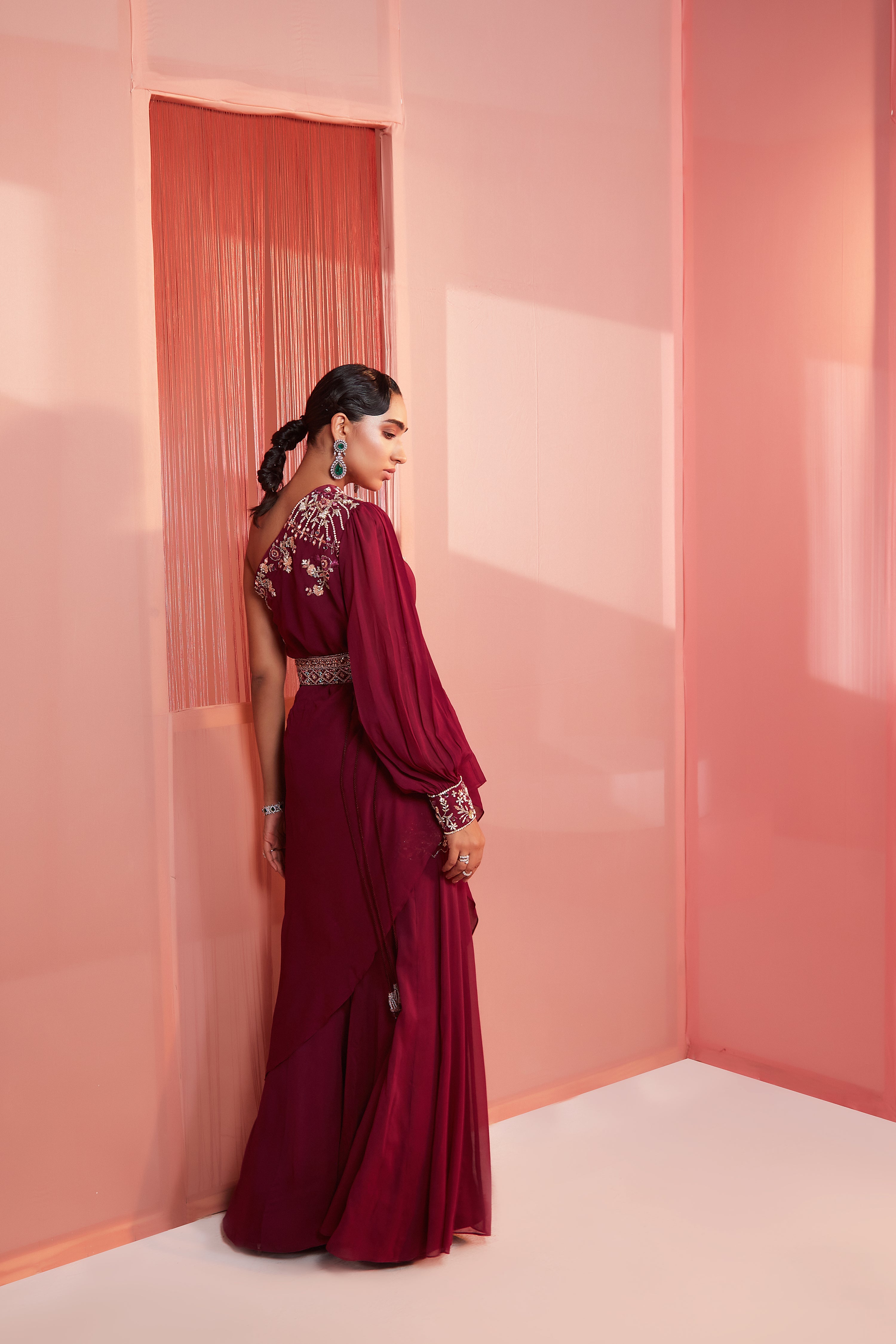 Plum One Shoulder Cape And Sharara Set