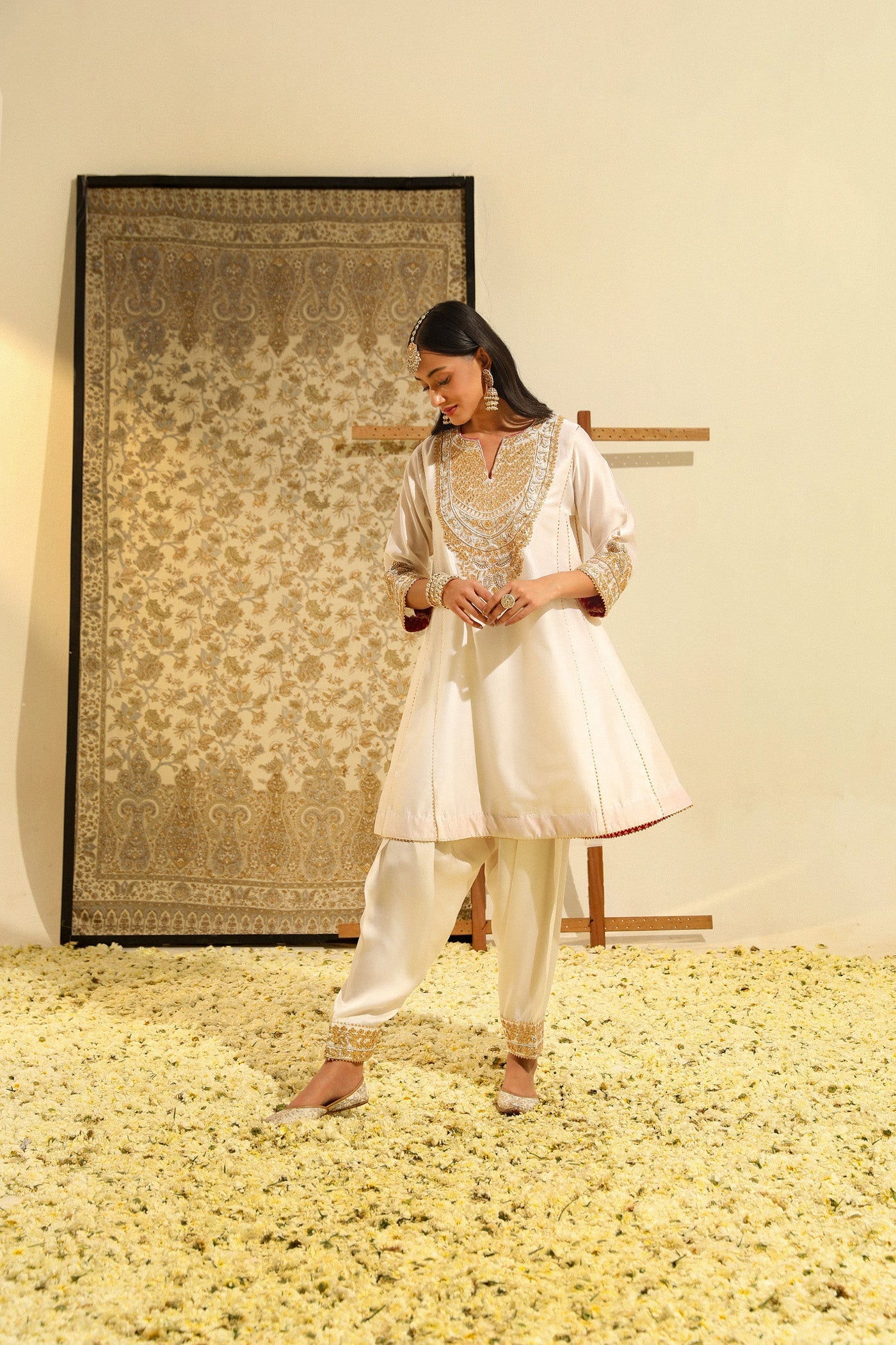 Fayaaz - Daisy Ivory Hand Embroidered Short Choga With Salwar