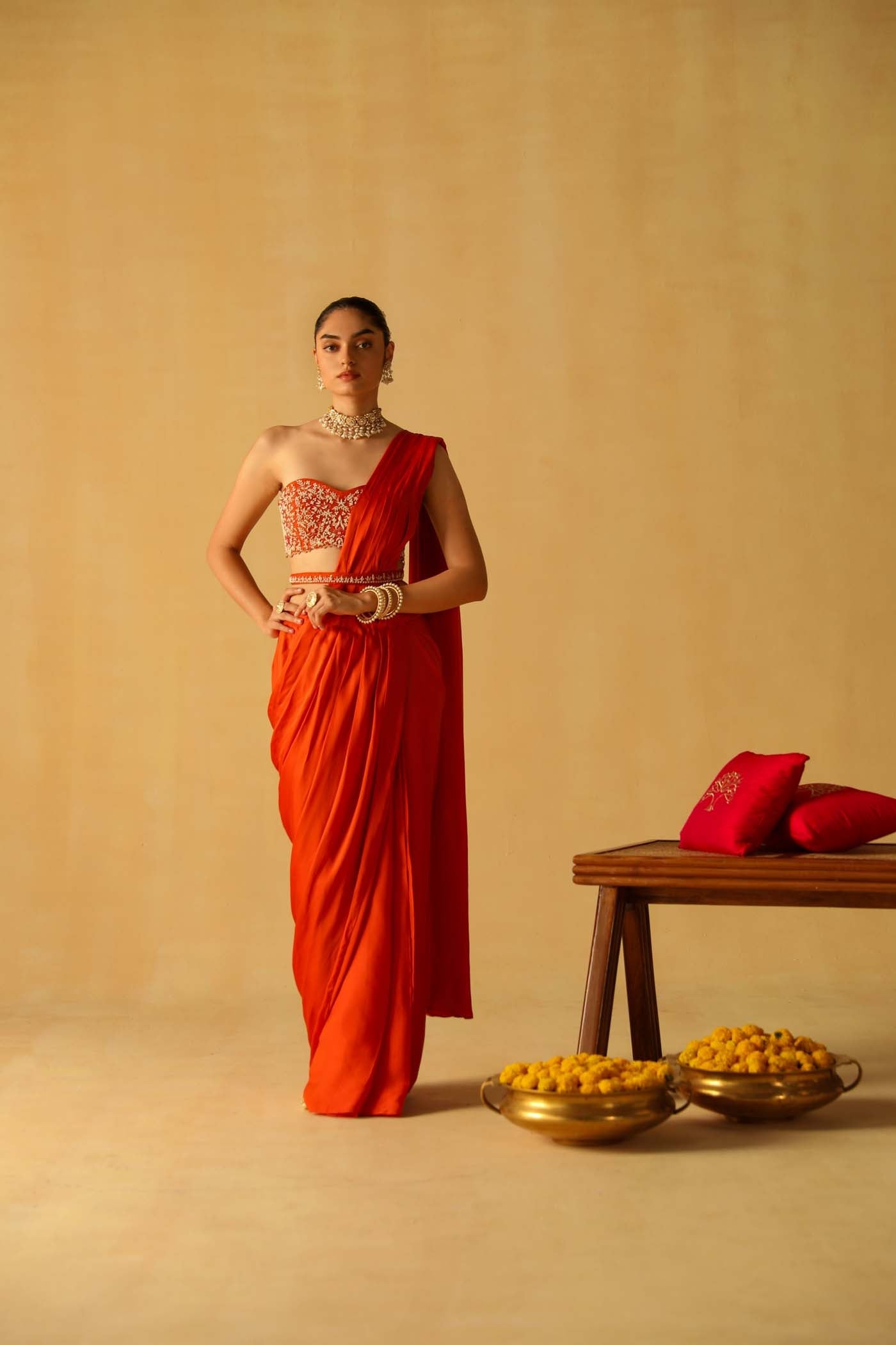 Khushnaz Turner In Rumaan - Burnt Orange Drape Saree Set
