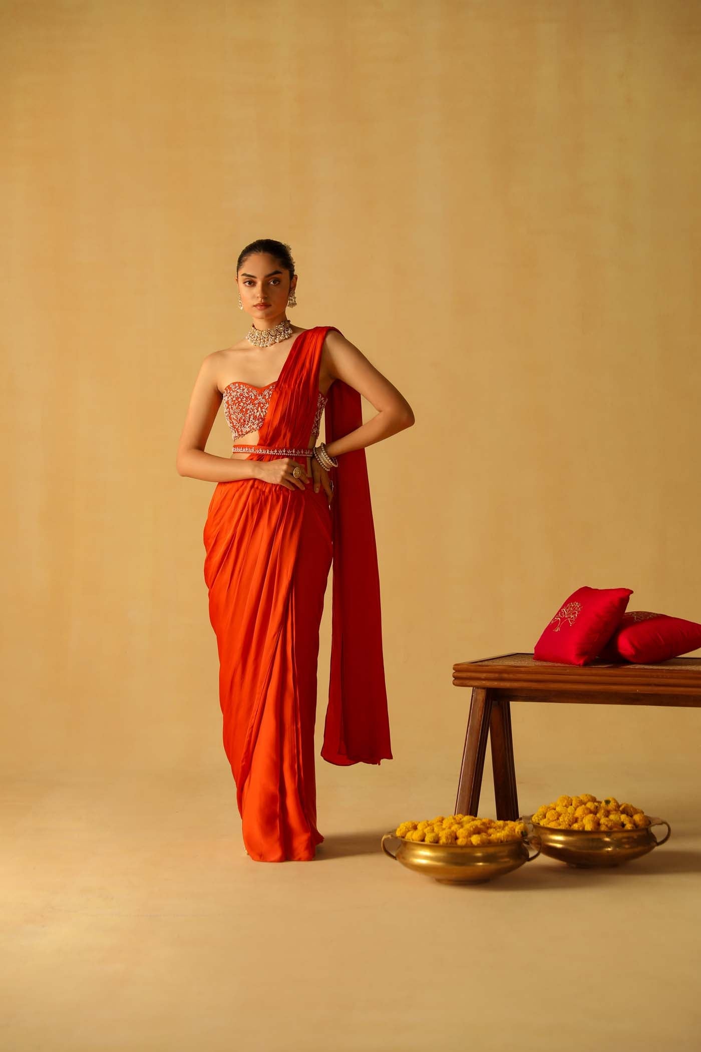 Rumaan - Burnt Orange Drape Saree Set