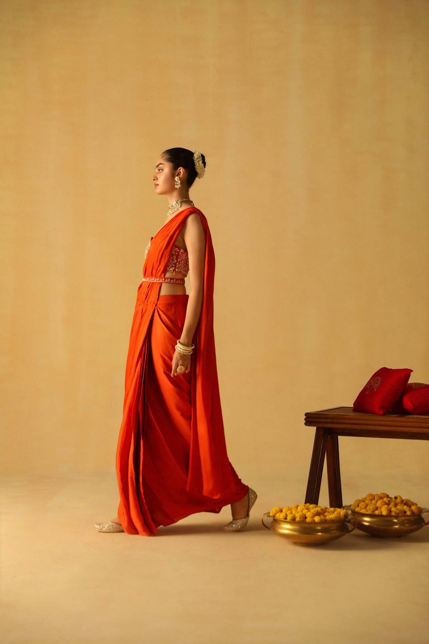 Khushnaz Turner In Rumaan - Burnt Orange Drape Saree Set