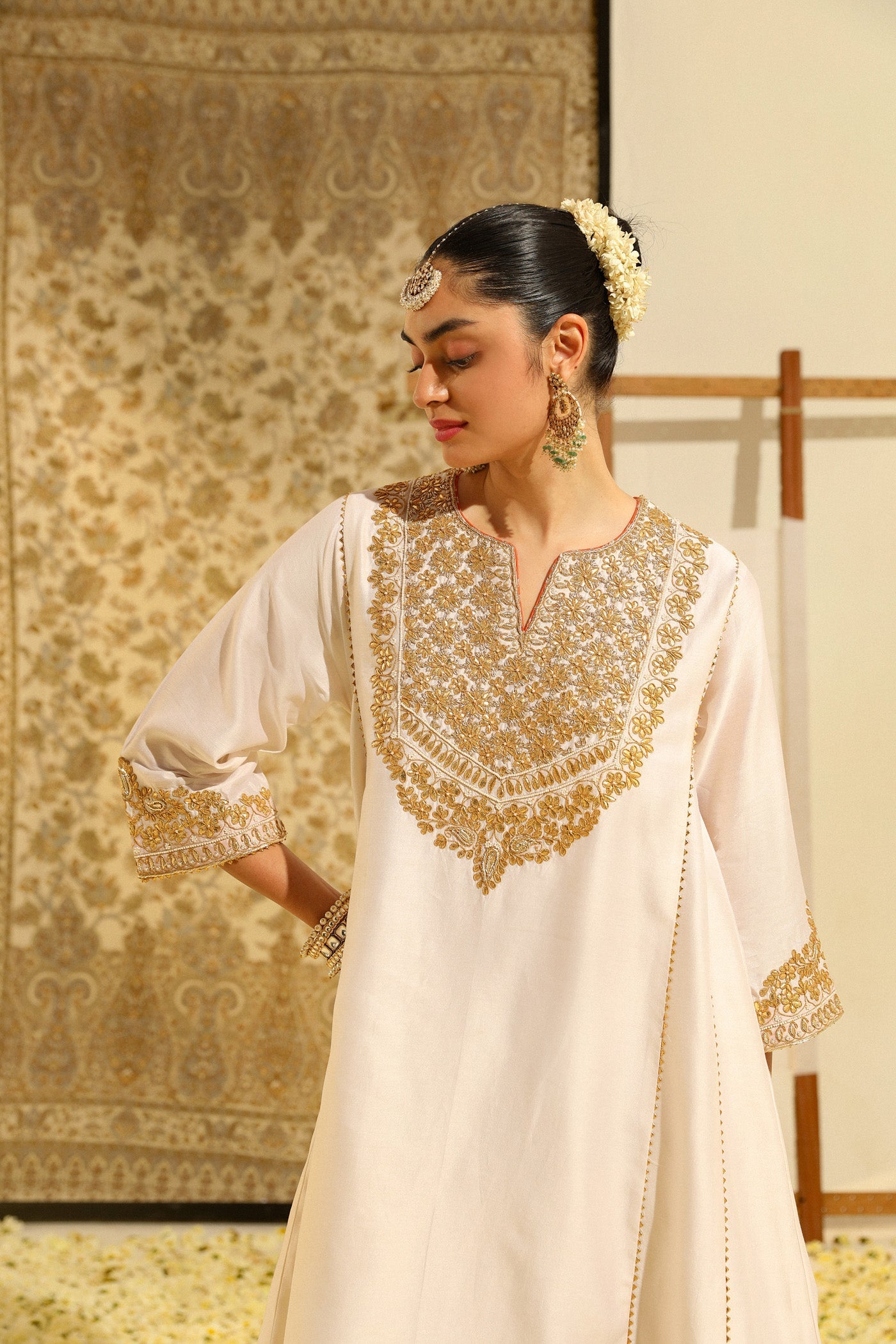 Shaheen - Daisy Ivory Hand Embroidered Short Choga With Salwar