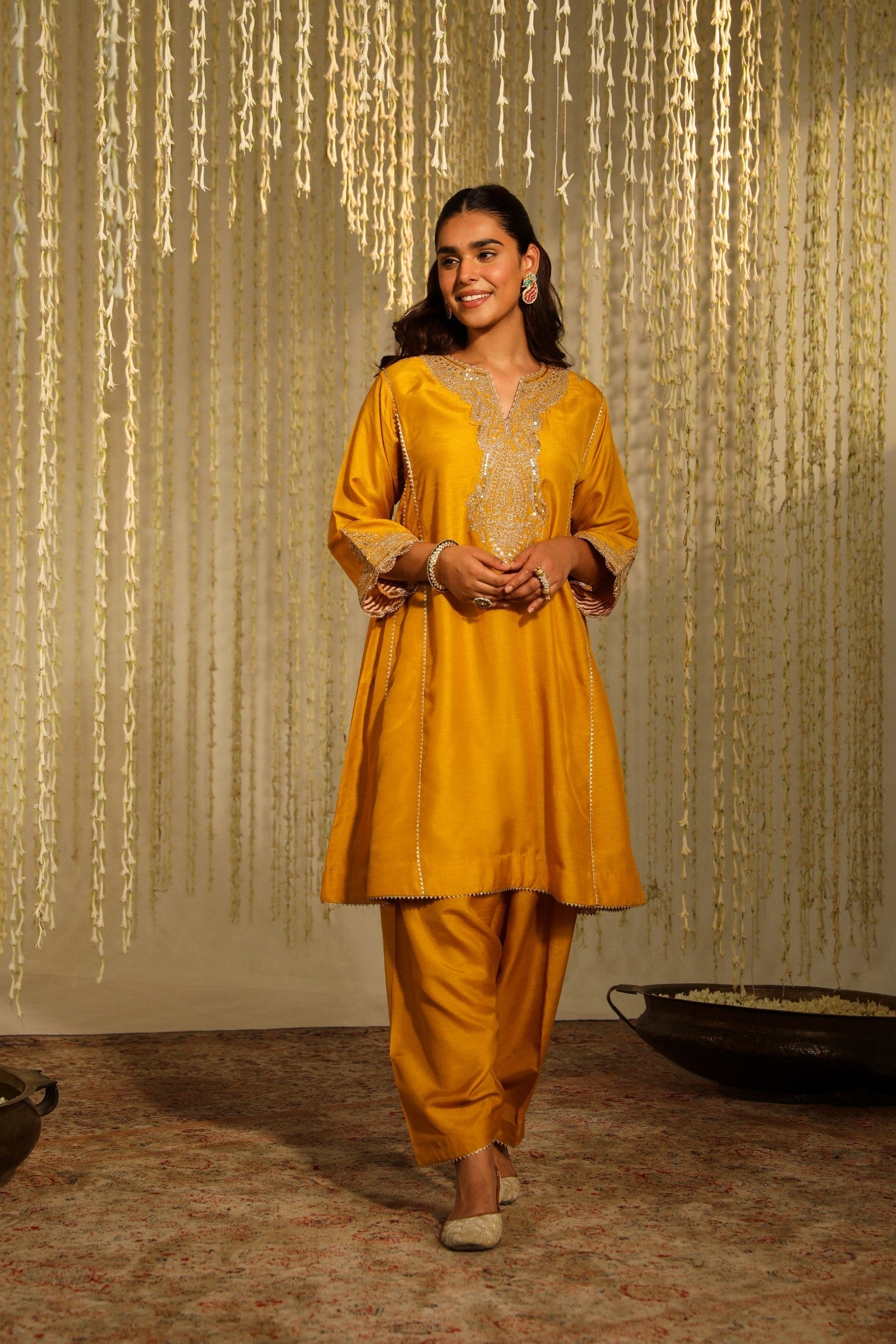 Mehnaaz - Glaze Mustard Kalidaar Short Kurta With Salwar