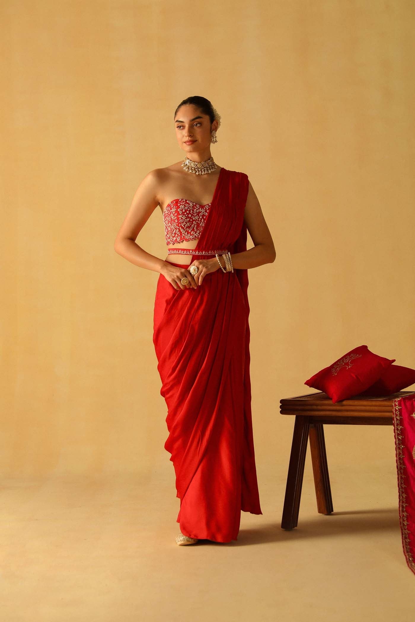 Rumaan - Deep Red Drape Saree Set