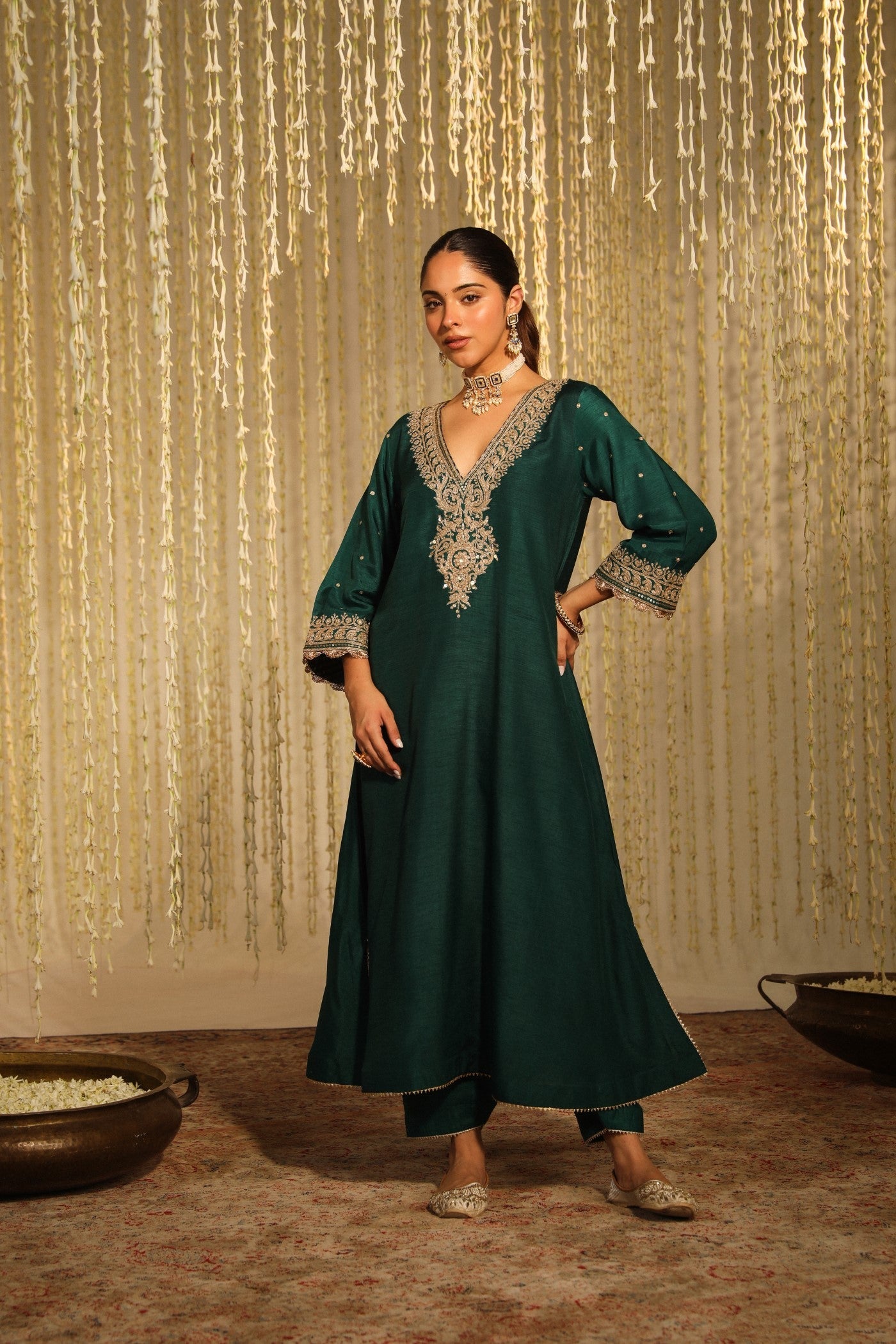 Mysha - Emerald Green Long Choga With Salwar