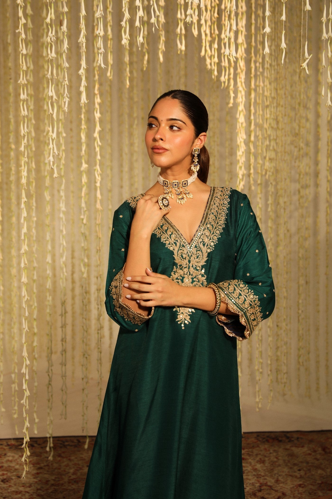 Mysha - Emerald Green Long Choga With Salwar